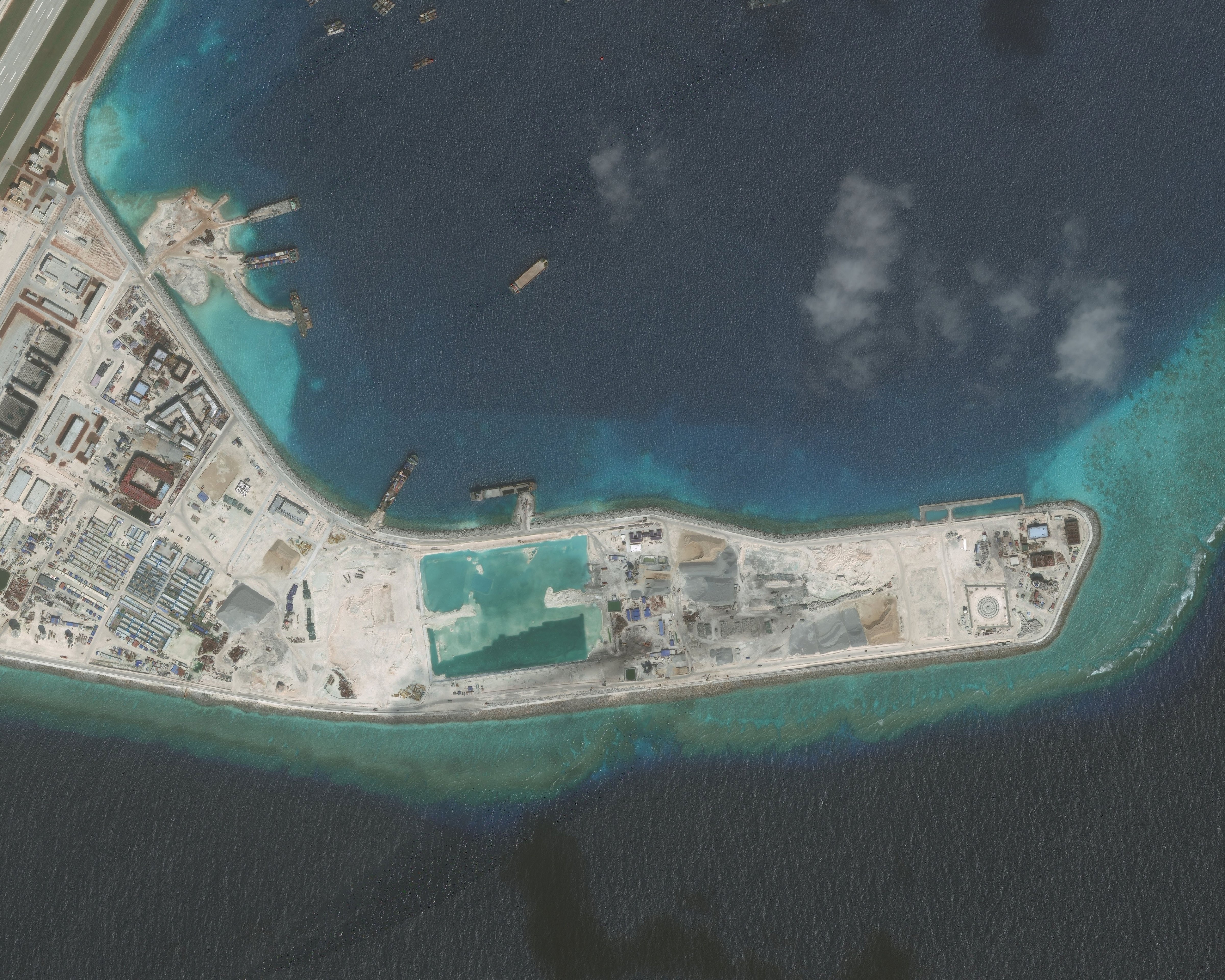 NOV 10, 2016: DigitalGlobe imagery (Closeup-4) of the Subi Reef in the South China Sea, a part of the Spratly Islands group.  Photo DigitalGlobe via Getty Images.