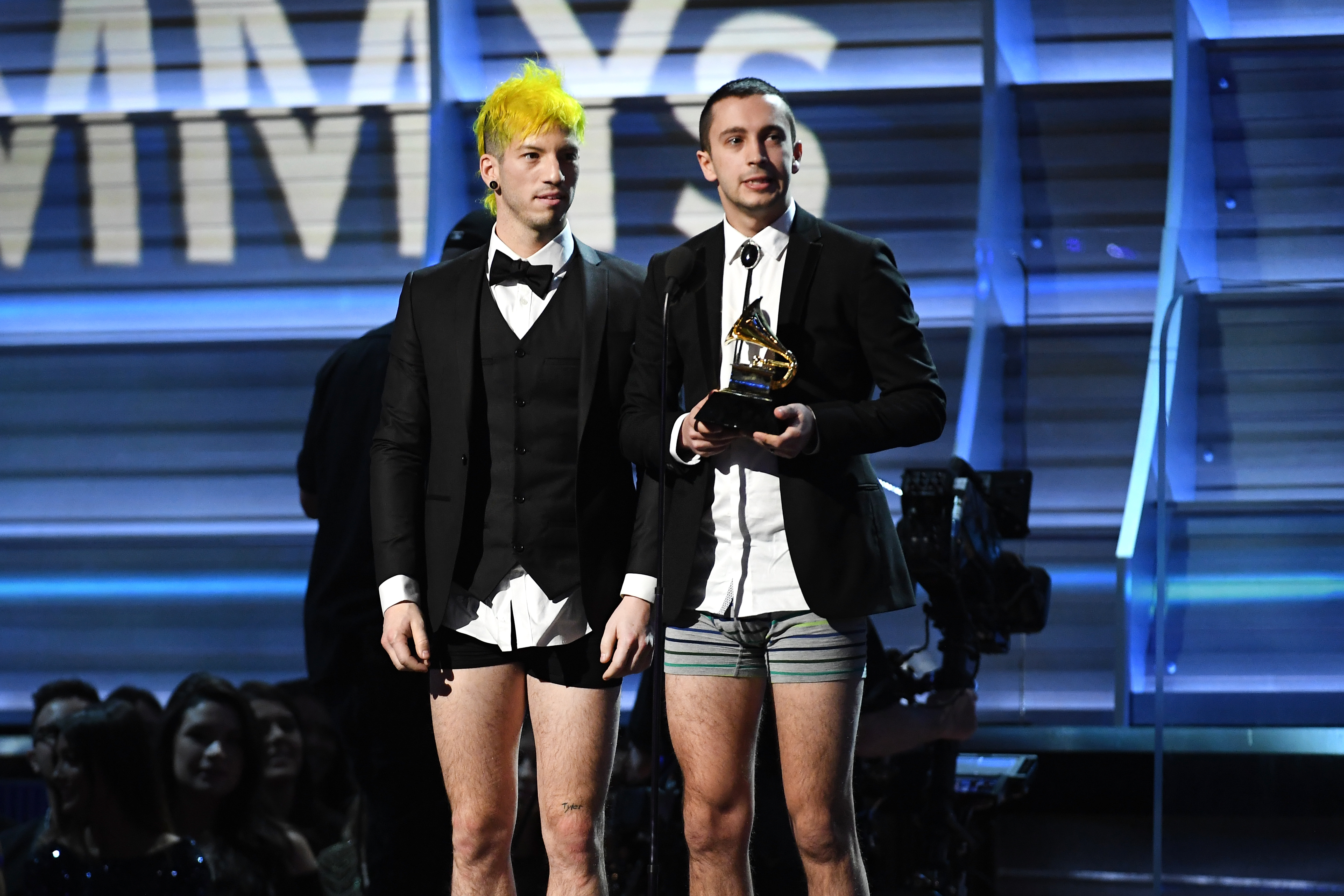 Recording artists Josh Dun and Tyler Joseph of Twenty One Pilots, accept the Grammy award for Best Pop Duo/Group Performance, on Feb. 12, 2017 in Los Angeles, California. (Kevork Djansezian—Getty Images)
