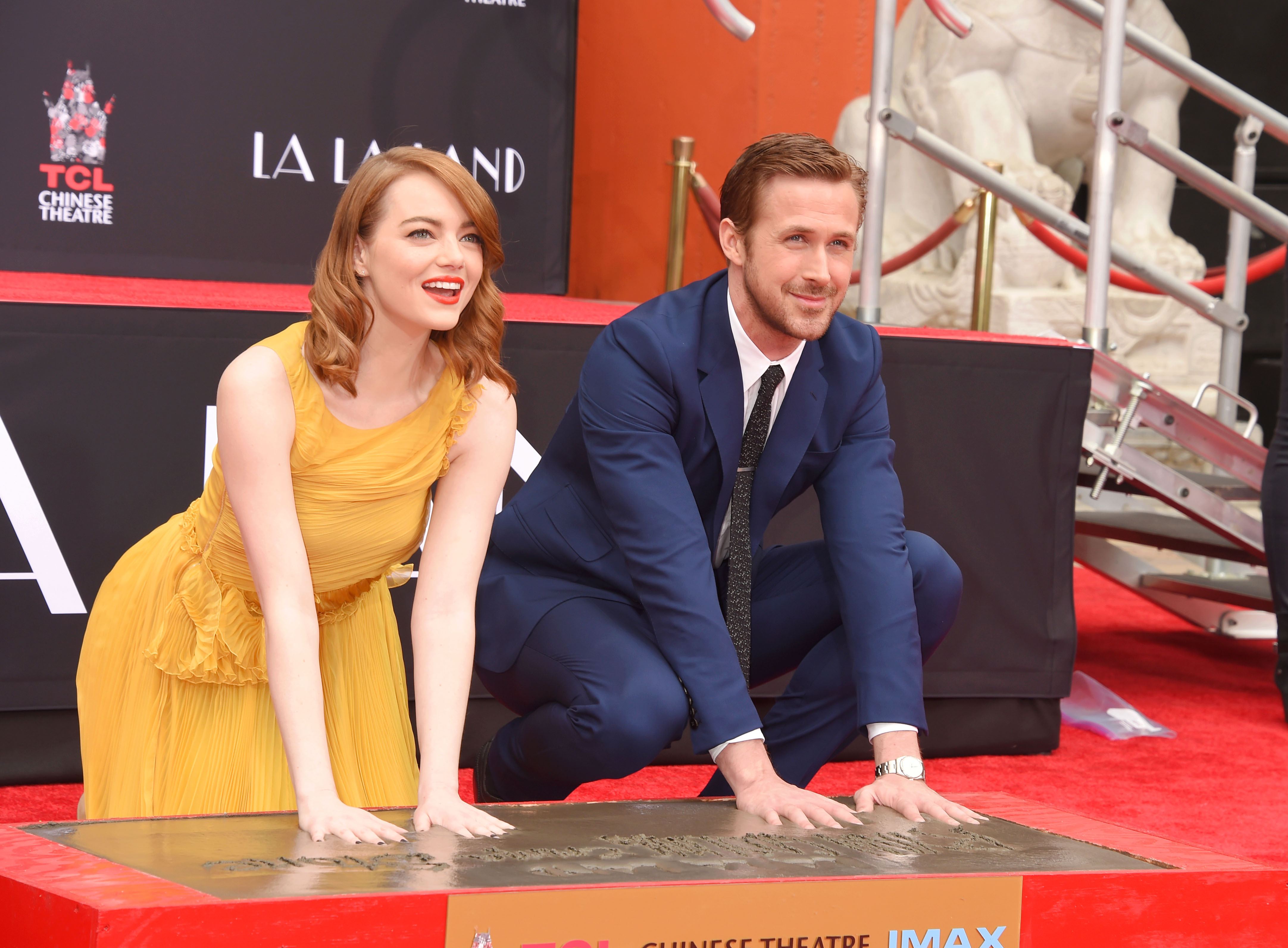 HOLLYWOOD, CA - DECEMBER 07: Actress Emma Stone (L) and actor Ryan Gosling attend the Hand And Footprint Ceremony for Ryan Gosling and Emma Stone at the TCL Chinese Theatre IMAX on December 7, 2016 in Hollywood, California. (Photo by Jeffrey Mayer/WireImage) (Jeffrey Mayer—WireImage)