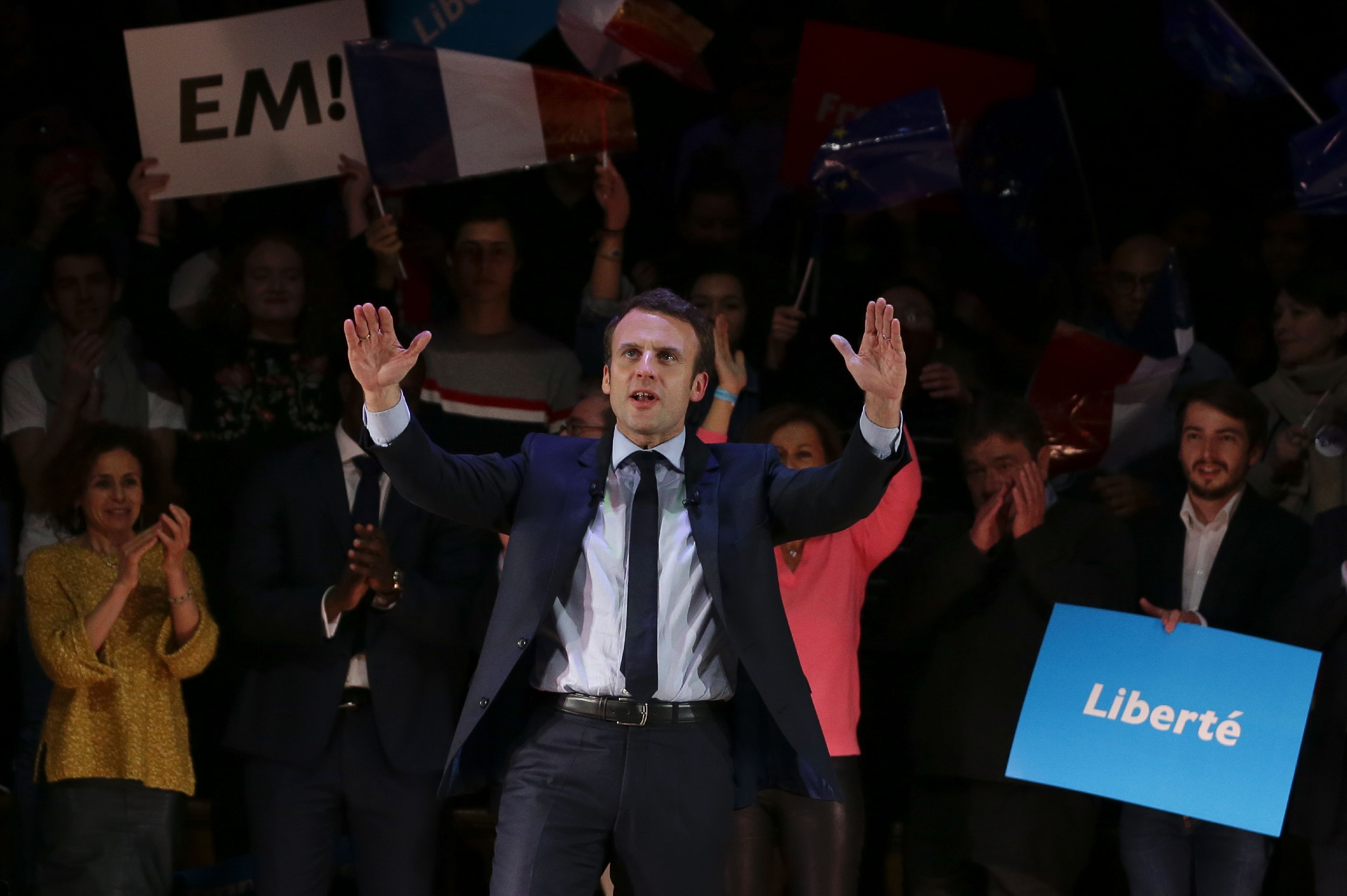 French presidential election candidate  Emmanuel Macron speaks on stage at a campaign event in central London on Feb. 21, 2017. (Daniel Leal-Olivas—AFP/Getty Images)