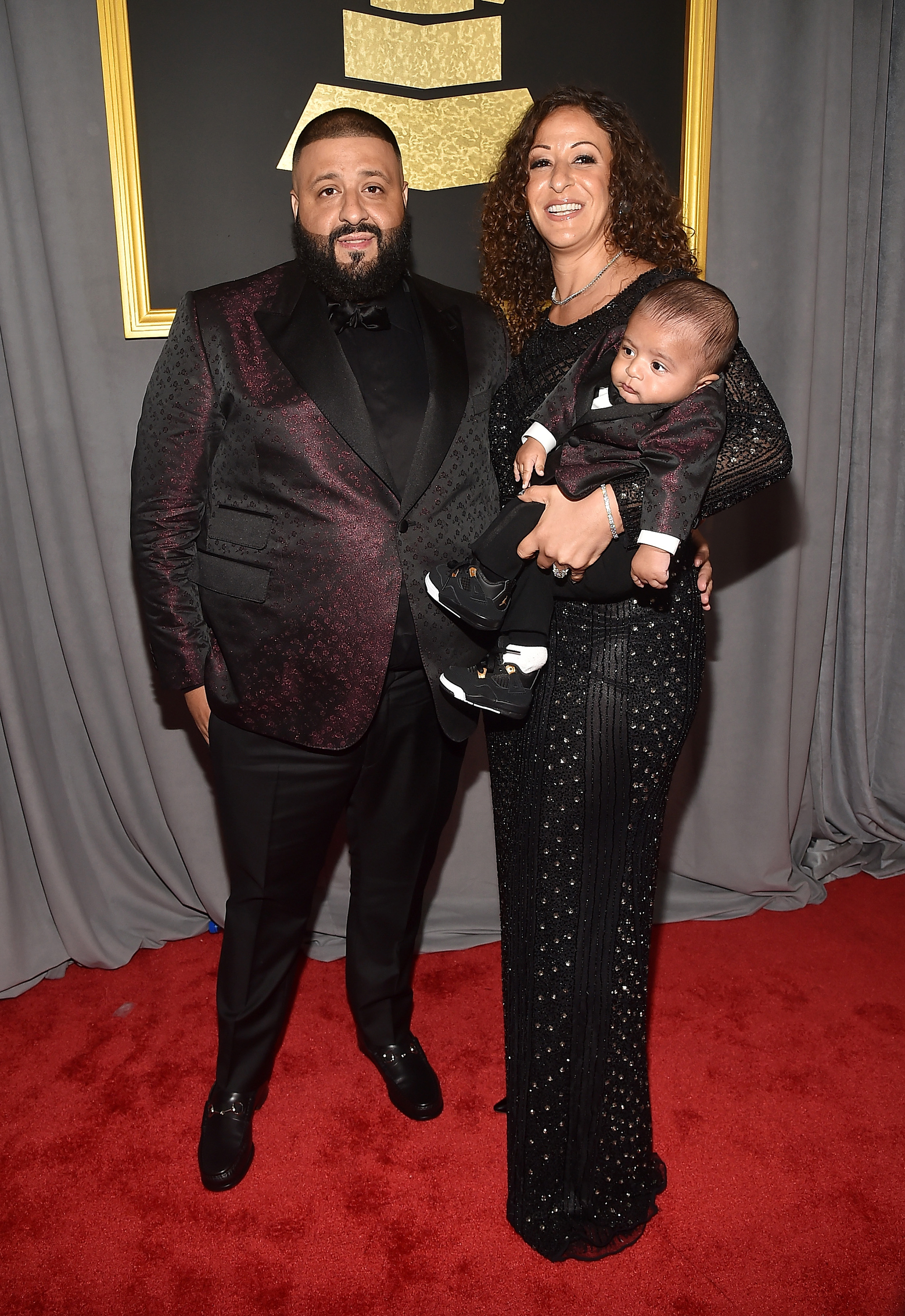 DJ Khaled, Nicole Tuck and Asahd Tuck Khaled attend the 59th GRAMMY Awards at STAPLES Center, on Feb. 12, 2017 in Los Angeles.