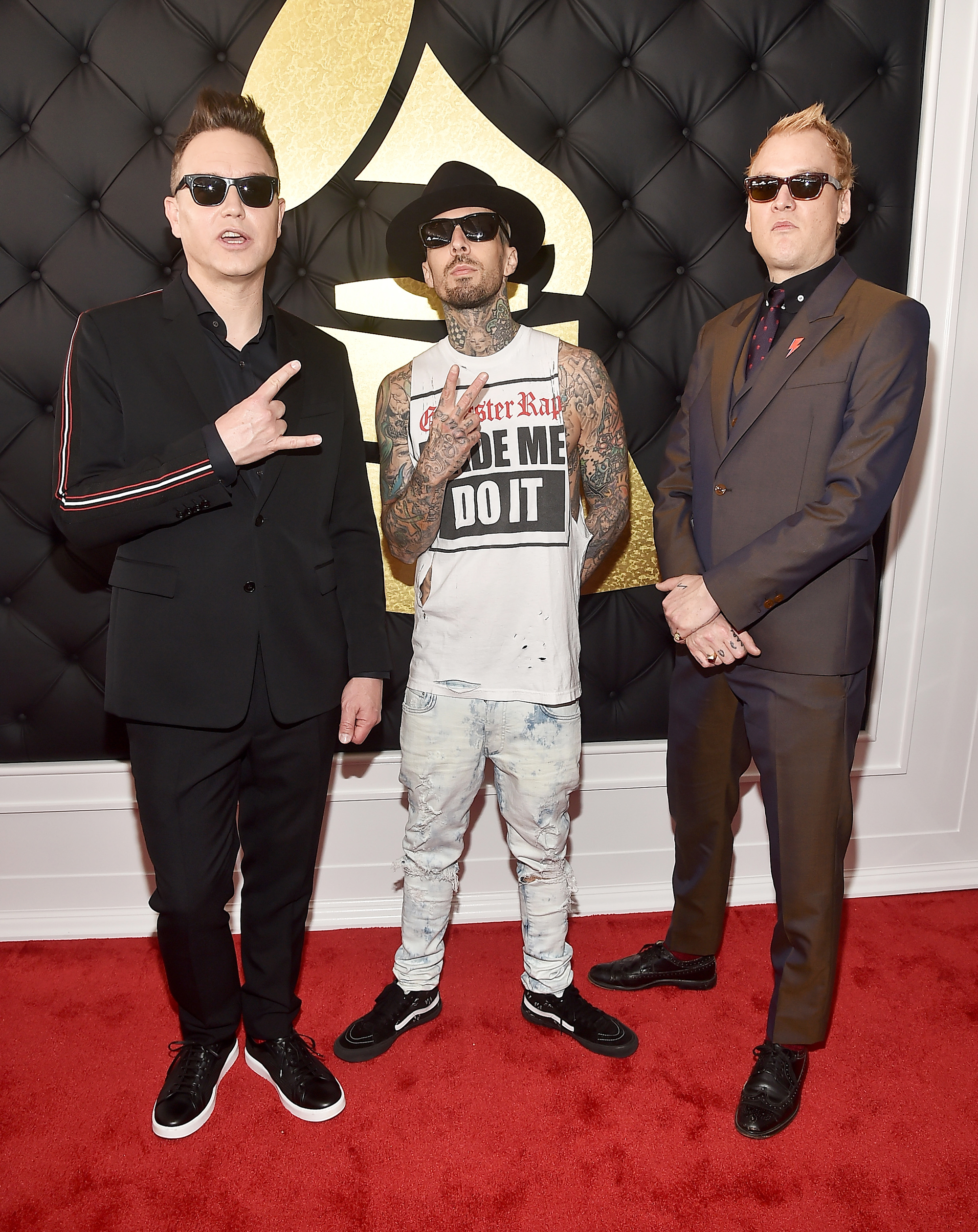 Mark Hoppus, Travis Barker and Matt Skiba of Blink-182 attends The 59th GRAMMY Awards at STAPLES Center, on Feb. 12, 2017 in Los Angeles.