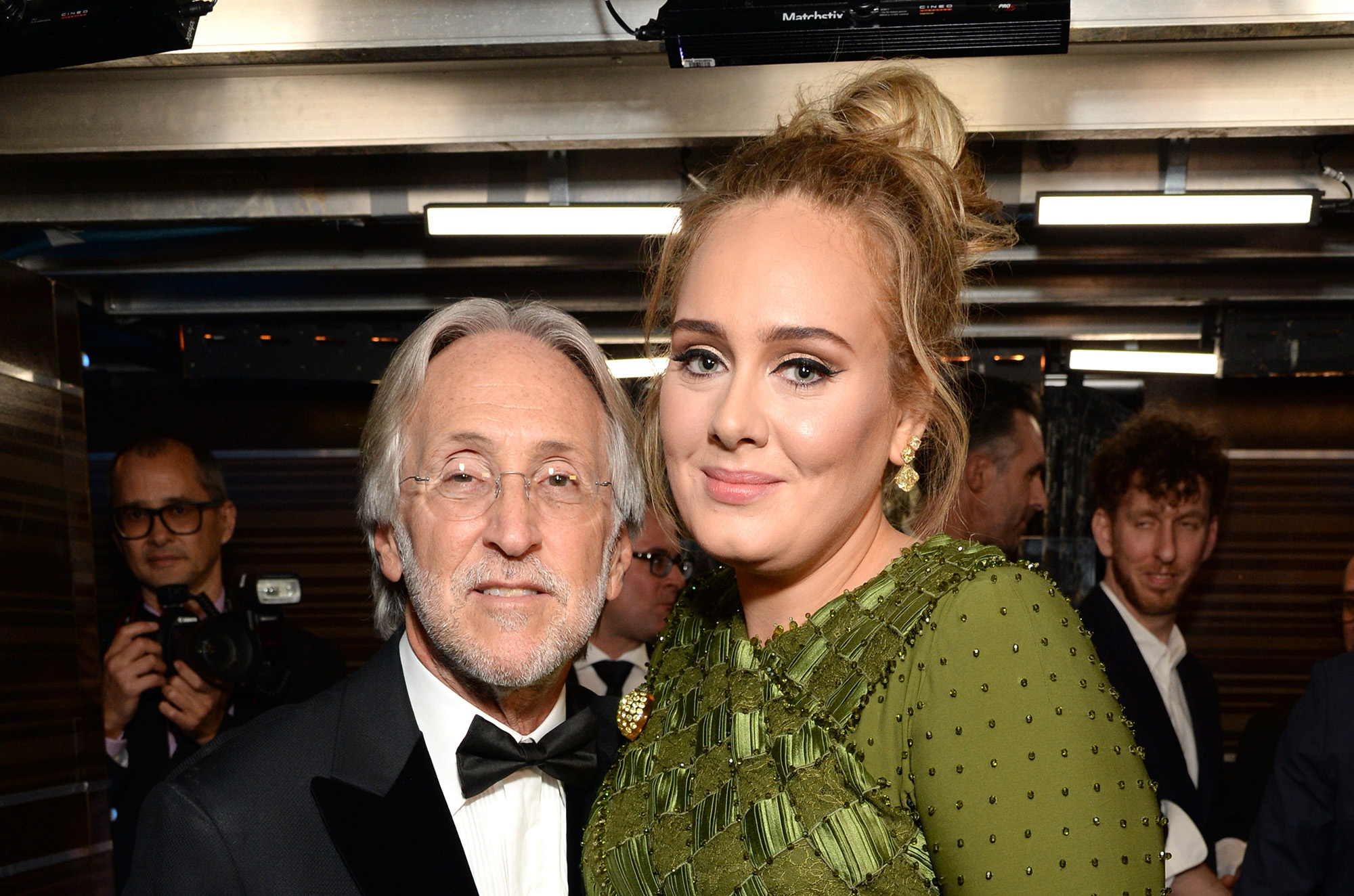 President/CEO of The Recording Academy and GRAMMY Foundation President/CEO Neil Portnow (L) and Adele backstage during during the The 59th GRAMMY Awards. (Michael Kovac&mdash;Getty Images for NARAS)