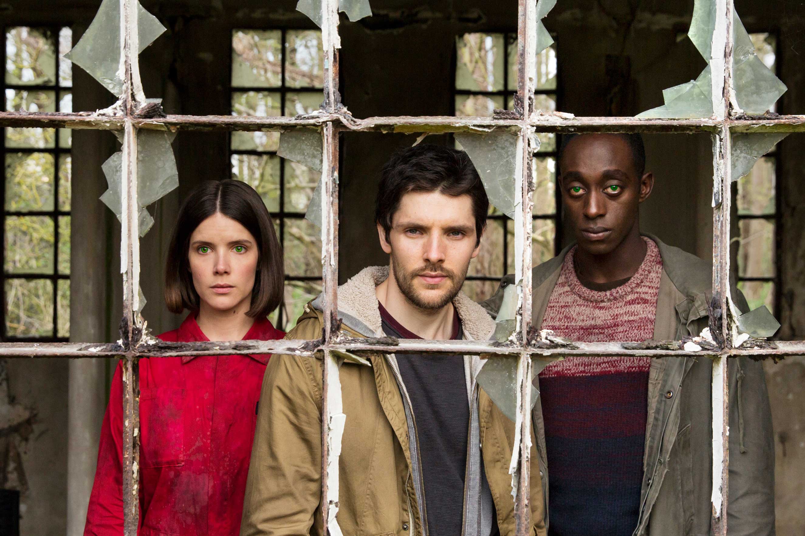 Sonya Cassidy as Hester, Colin Morgan as Leo, Ivanno Jeremiah as Max in Humans on AMC. (Colin Hutton—AMC)