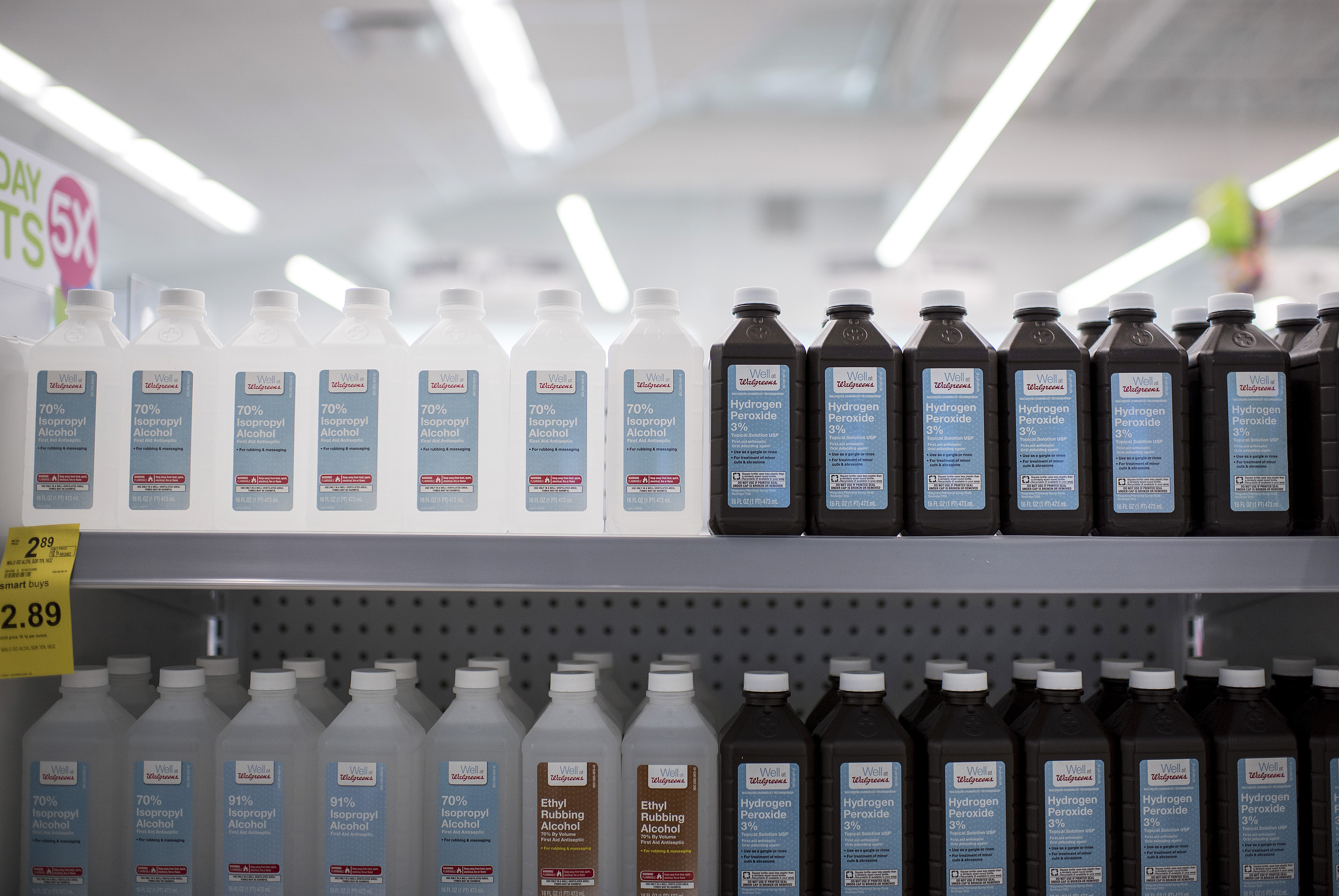 Bottles of rubbing alcohol and hydrogen peroxide are displayed for sale at a Walgreens Boots Alliance Inc. store in Elmwood Park, Illinois, U.S., on Tuesday, April 5, 2016. (Christopher Dilts&mdash;Bloomberg /Getty Images)