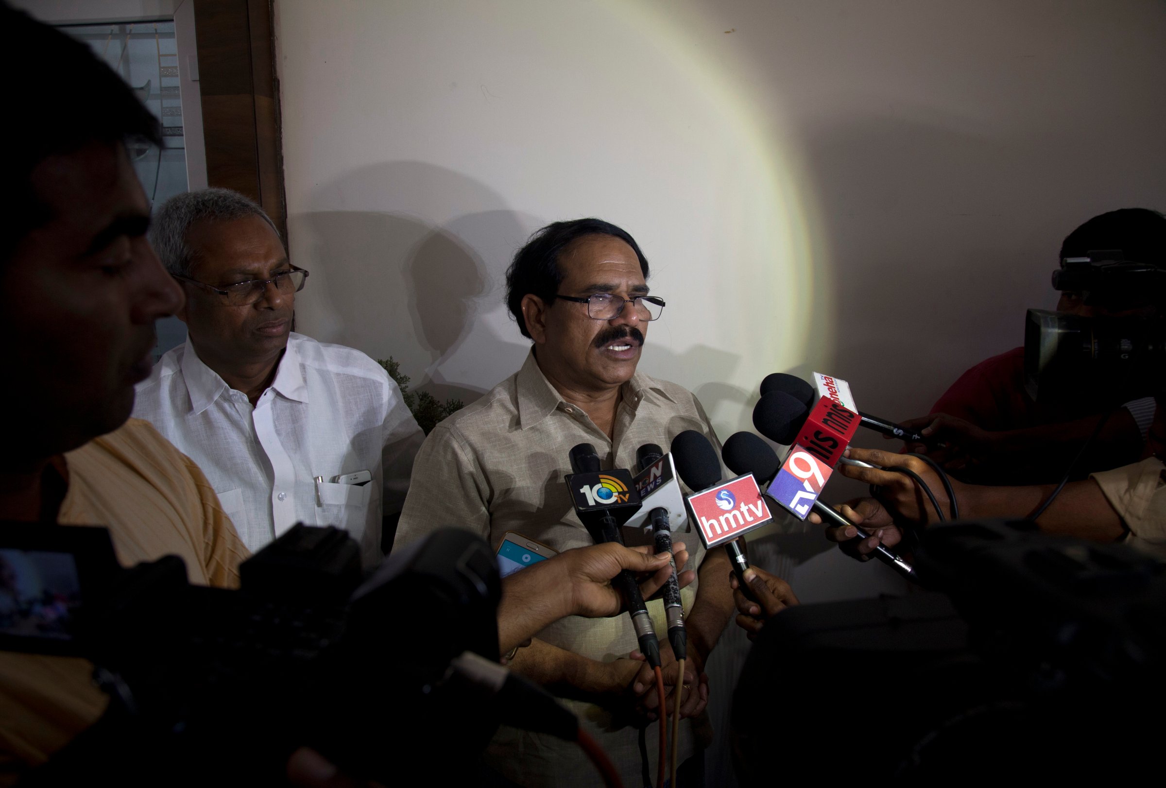 Jaganmohan Reddy, father of Alok Madasani, an engineer who was injured in the shooting Wednesday night in a crowded suburban Kansas City bar, speaks to the media at his residence in Hyderabad, India, on Feb. 24, 2017.