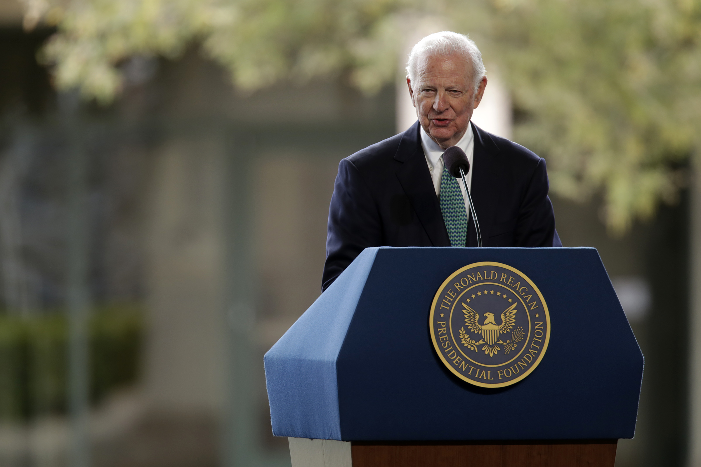 Former Secretary of  State James Baker speaks at the funeral of former First Lady Nancy Reagan on March 11, 2016 in Simi Valley, California. Baker is leading an effort to advocate for a carbon tax. (Irfan Khan—LA Times via Getty Images)