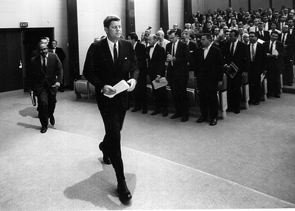 President John F. Kennedy arrives for a press conference Aug. 30, 1961 in Washington, D.C. (National Archives)