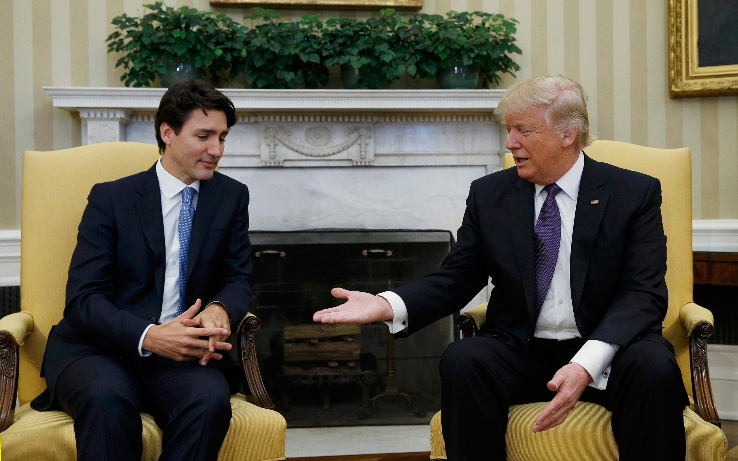 Canadian Prime Minister Justin Trudeau meets with President Trump in the Oval Office at the White House on Feb. 13, 2017. (Kevin Lamarque—Reuters)