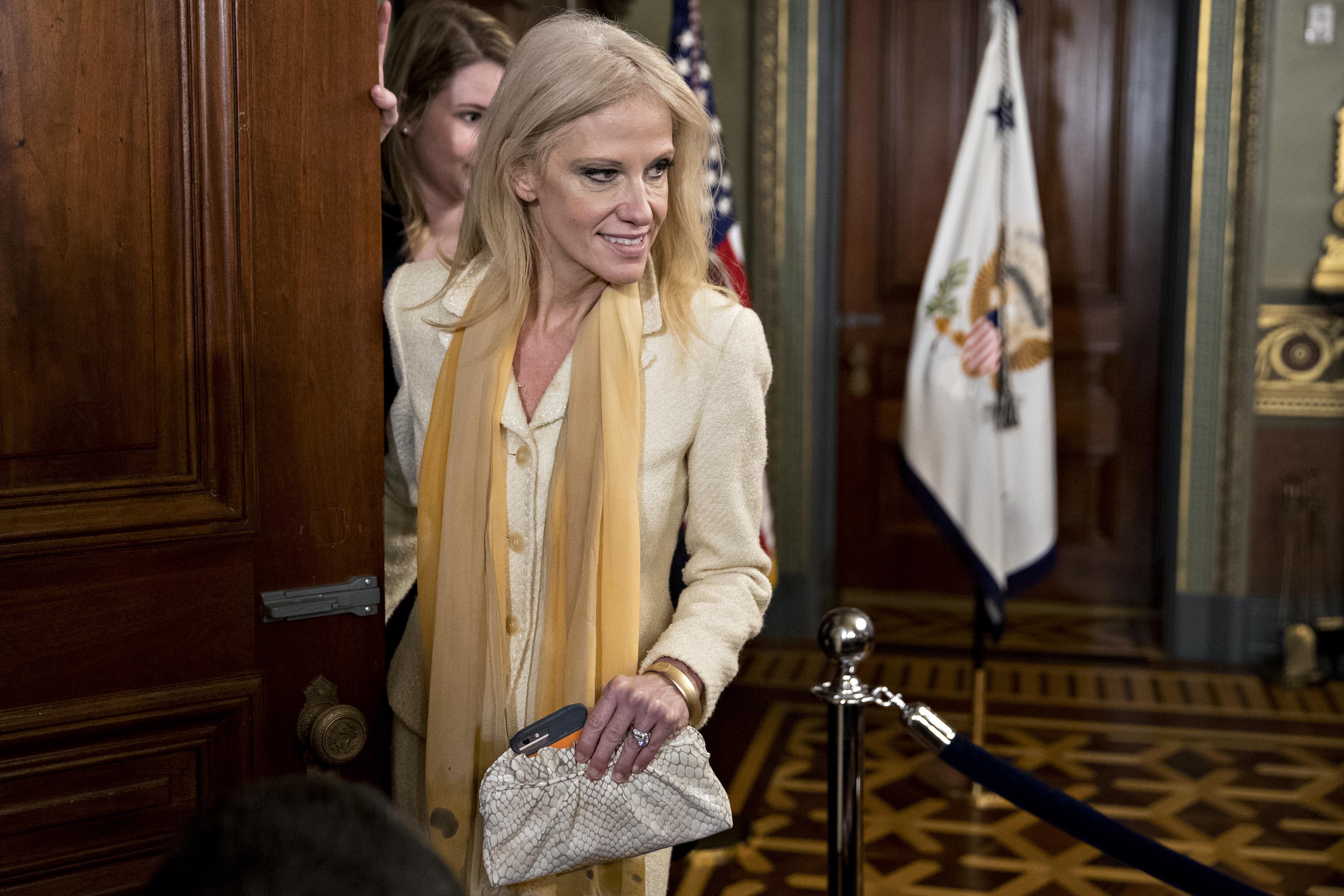 Kellyanne Conway, senior advisor to President Donald Trump, arrives to attend the swearing-in of Betsy DeVos, U.S. secretary of education, not pictured, inside the Vice President's Ceremonial Office in Washington, D.C., on Feb. 7, 2017. (Andrew Harrer—Bloomberg/Getty Images)
