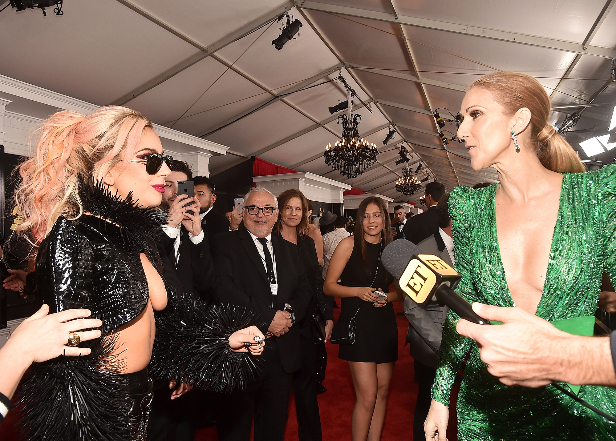 Lady Gaga and Celine Dion attend the 59th GRAMMY Awards at STAPLES Center, on Feb. 12, 2017 in Los Angeles.
