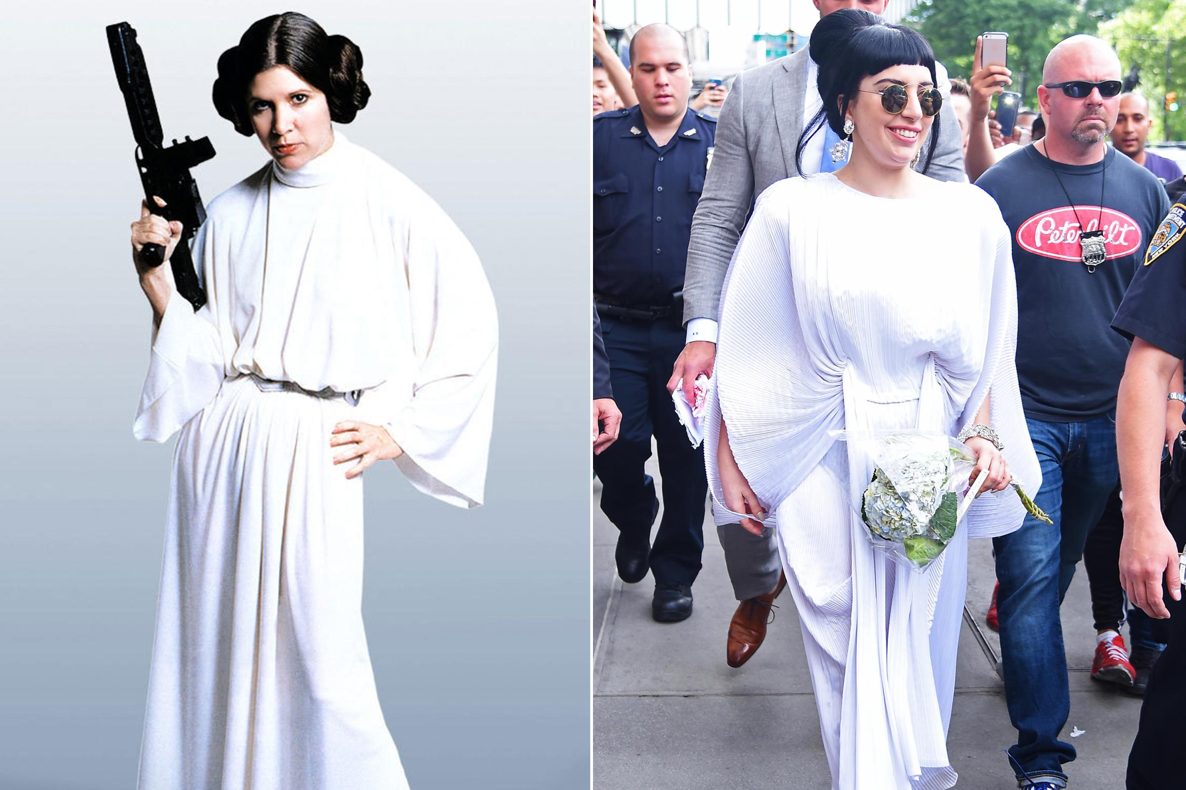 Carrie Fisher as Princess Leia, 1977; Lady Gaga, 2014.