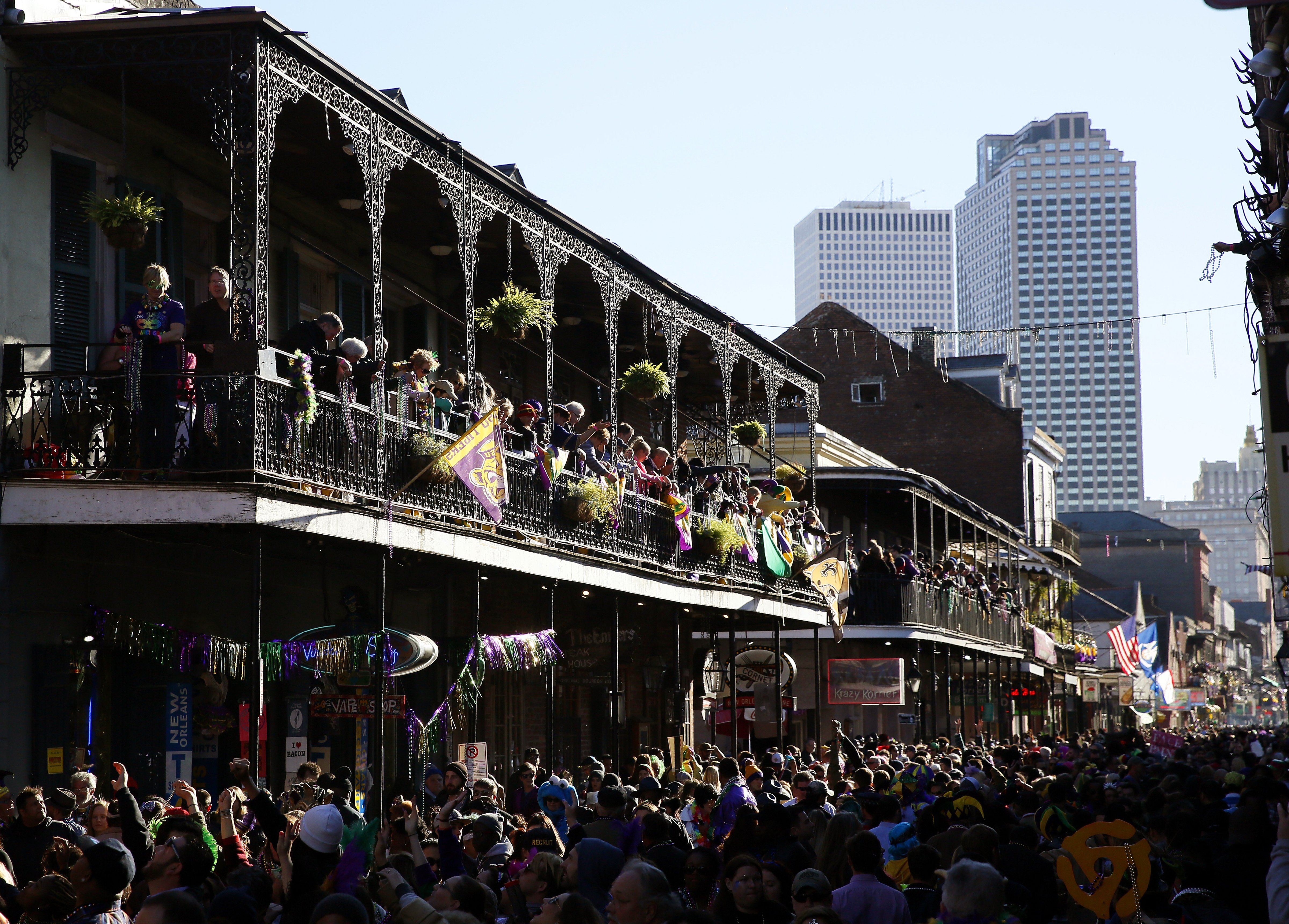 NEW ORLEANS, LOUISIANA - FEBRUARY 9, 2016:  Revelers pack Bourbon Street during Mardi Gras day on February 9, 2016 in New Orleans, Louisiana. Fat Tuesday, or Mardi Gras in French, is a celebration traditionally held before the observance of Ash Wednesday and the beginning of the Christian Lenten season. (Jonathan Bachman — Getty Images)