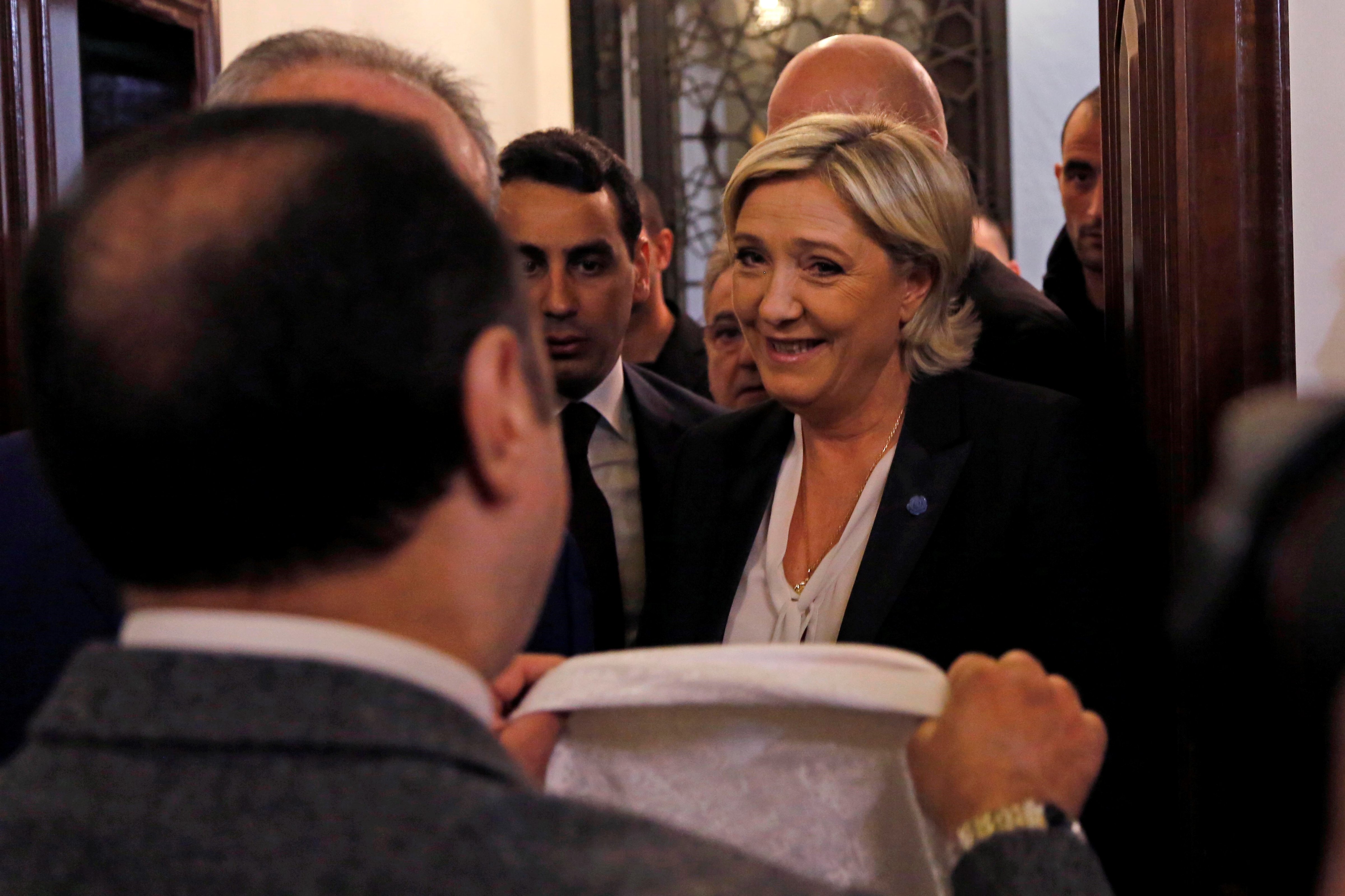 The leader of France's far-right Front National political party and presidential candidate, Marine Le Pen (C) refuses to wear headscarf before her meeting with Lebanon's Grand Mufti Sheikh Abdul Latif Derian, in Beirut, Lebanon on February 21, 2017. (Ratib Al Safadi—Anadolu Agency/Getty Images)