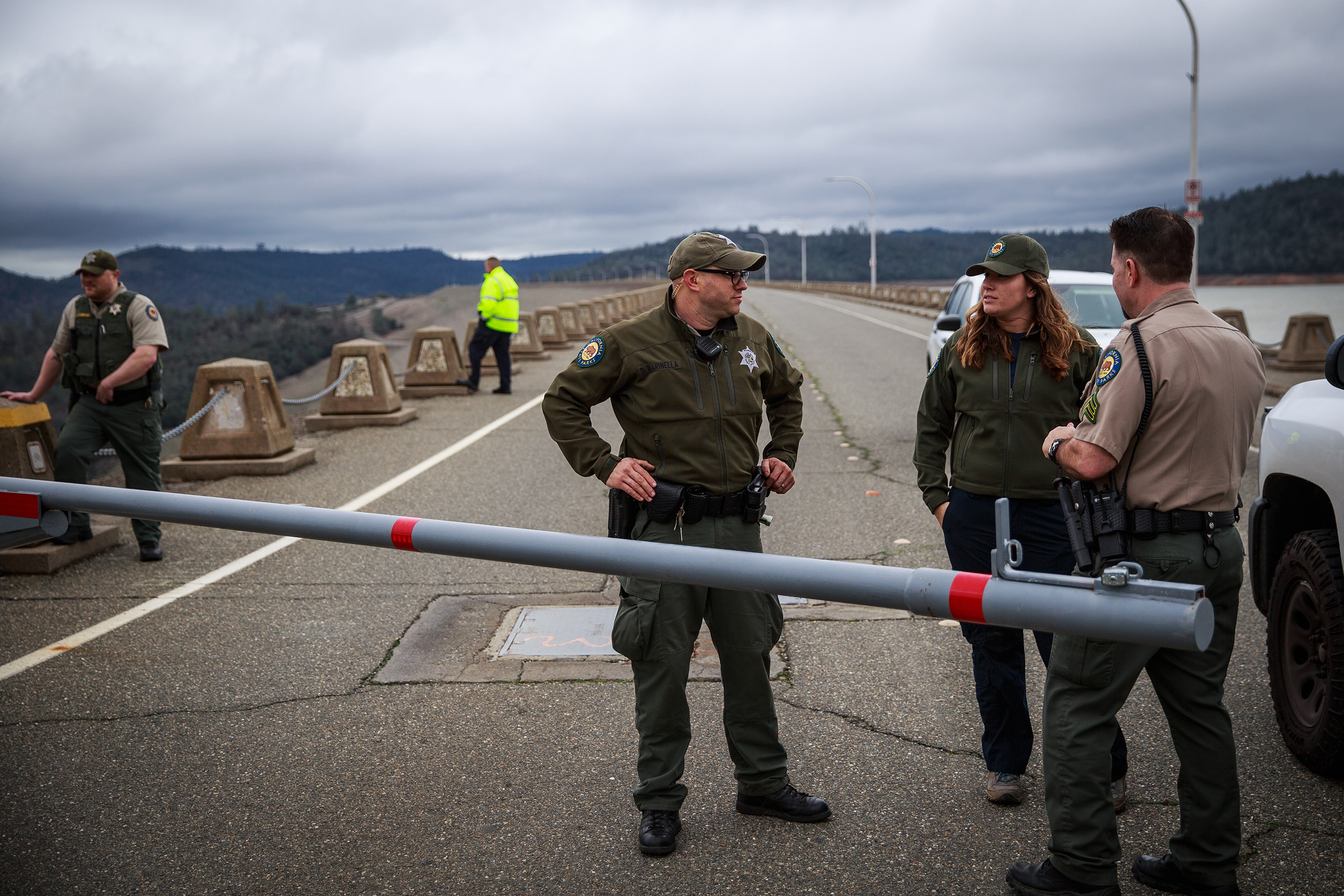 California State Park Rangers close the top of Oroville Dam after a hole was torn in the spillway while releasing water in advance of more rain on Feb. 7, 2017 in Oroville, Calif.