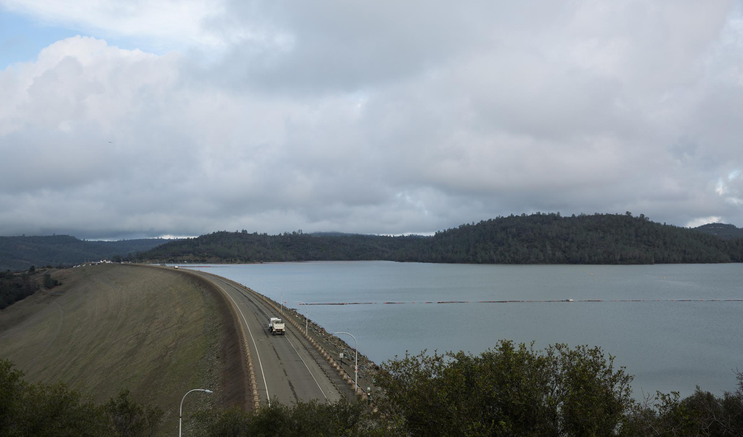 The Oroville reservoir level sits very close to the top of Oroville Dam in Oroville, California on Feb. 10, 2017.