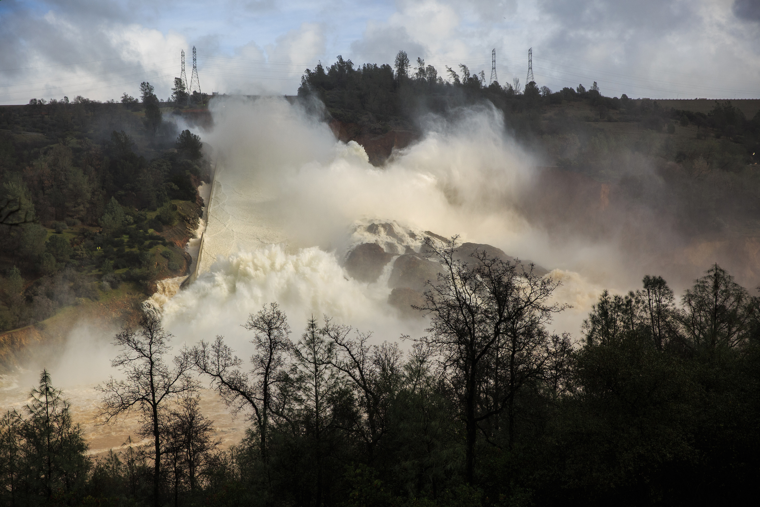 65,000 cfs of water flows through a damaged spillway on the Oroville Dam in Oroville, Calif., on Feb. 10, 2017.