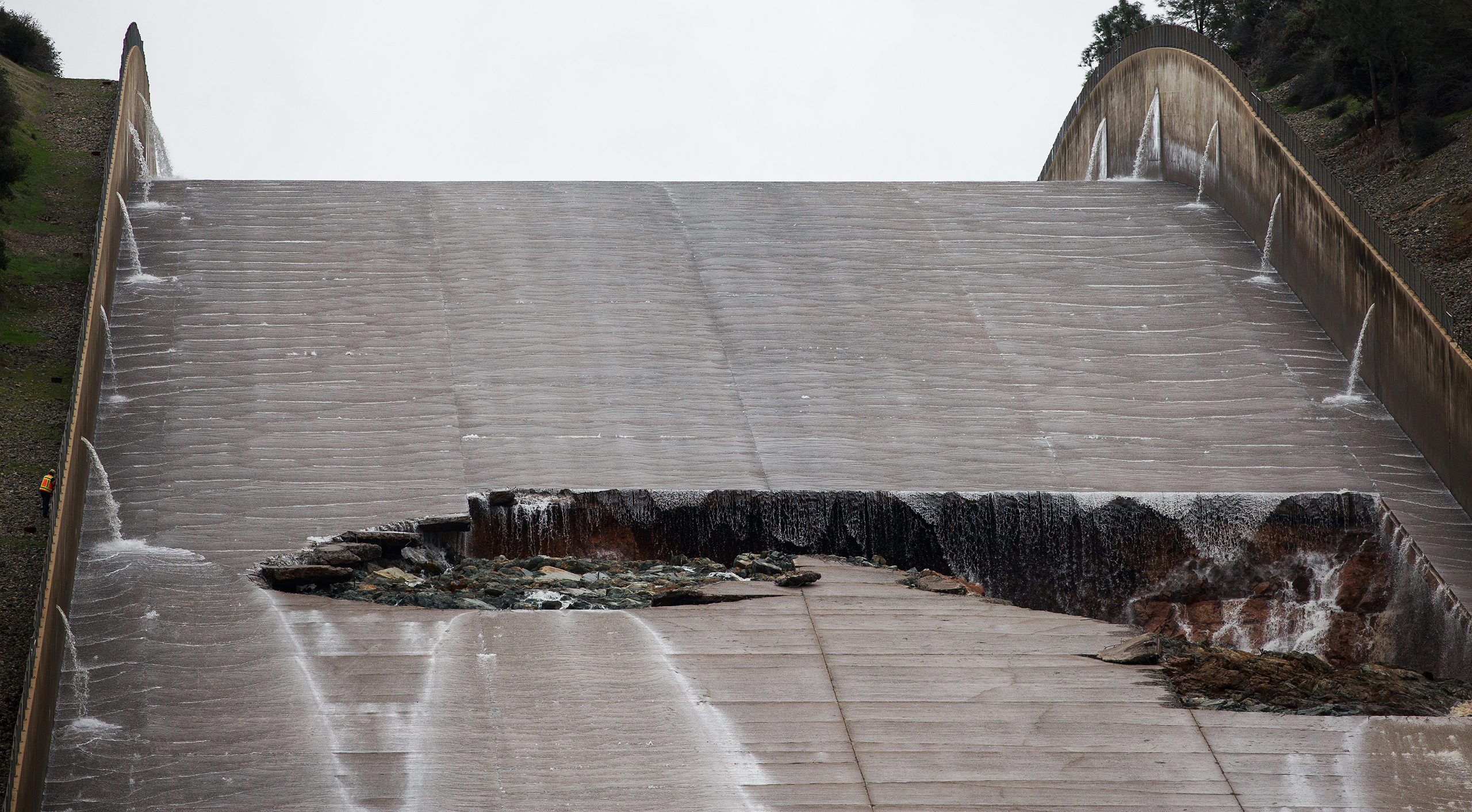 A hole was torn in the spillway of the Oroville Dam while releasing approximately 60,000 cubic-feet-second of water in advance of more rain on Feb. 7, 2017 in Oroville, Calif. (Max Whittaker—Prime)
