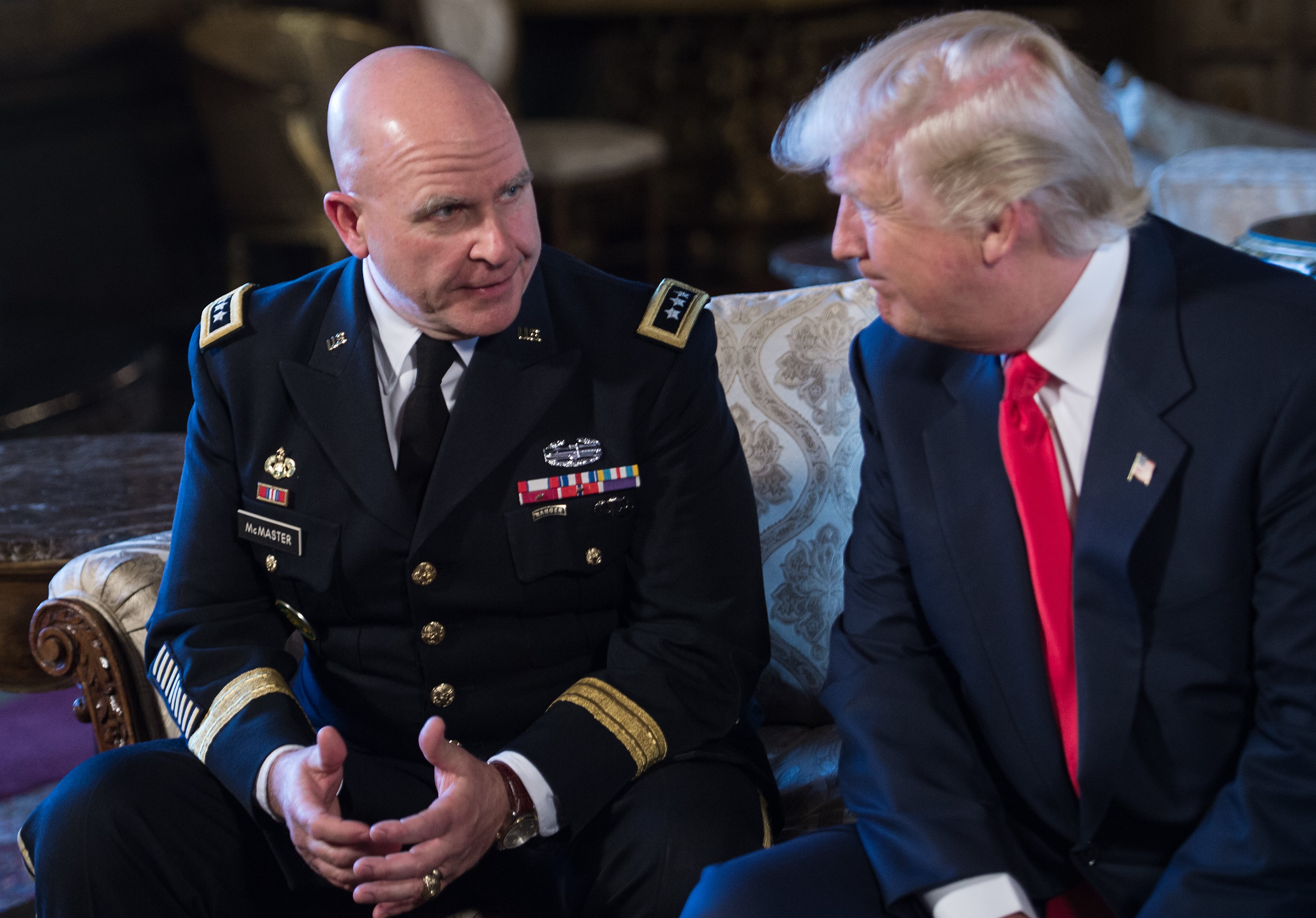 US President Donald Trump announces US Army Lieutenant General H.R. McMaster (L) as his national security adviser at his Mar-a-Lago resort in Palm Beach, Florida, on February 20, 2017. (NICHOLAS KAMM&mdash;AFP/Getty Images)