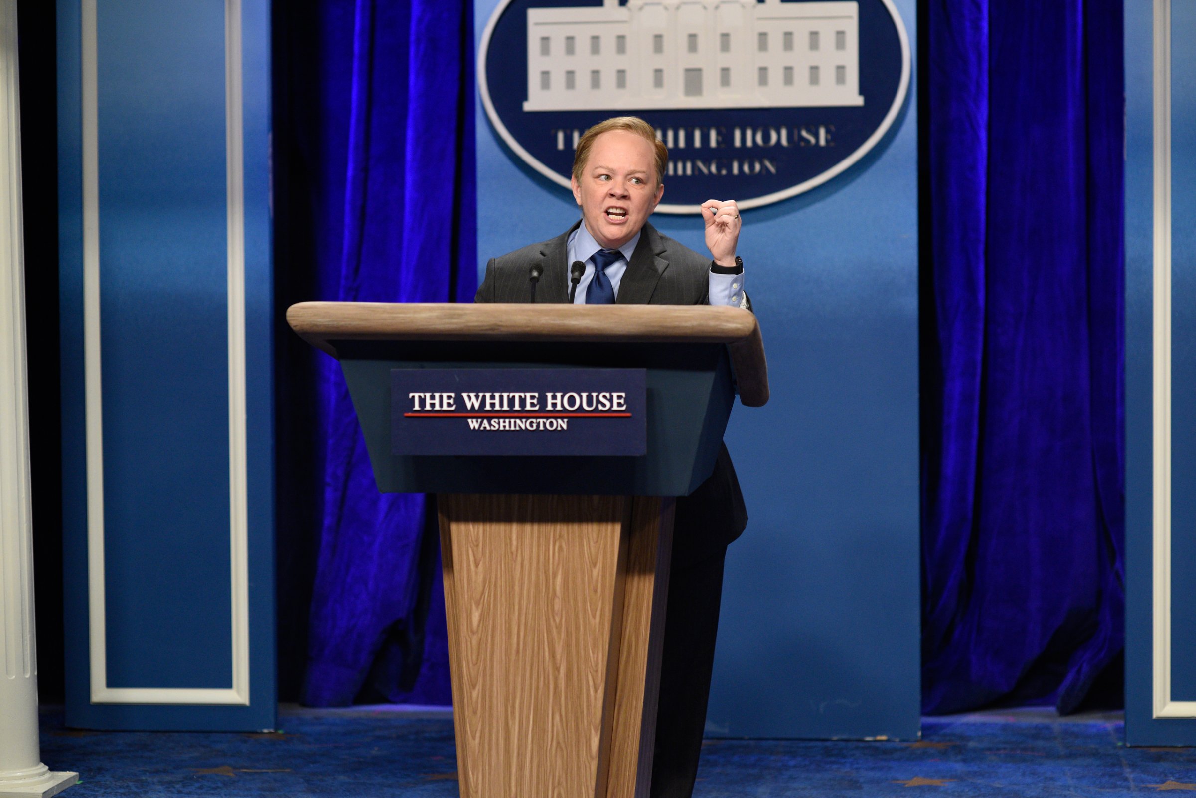 SATURDAY NIGHT LIVE -- "Kristen Stewart" Episode 1717 -- Pictured: Melissa McCarthy as Press Secretary Sean Spicer during the "Sean Spicer Press Conference" sketch on February 4th, 2017 -- (Photo by: Will Heath/NBC/NBCU Photo Bank via Getty Images)