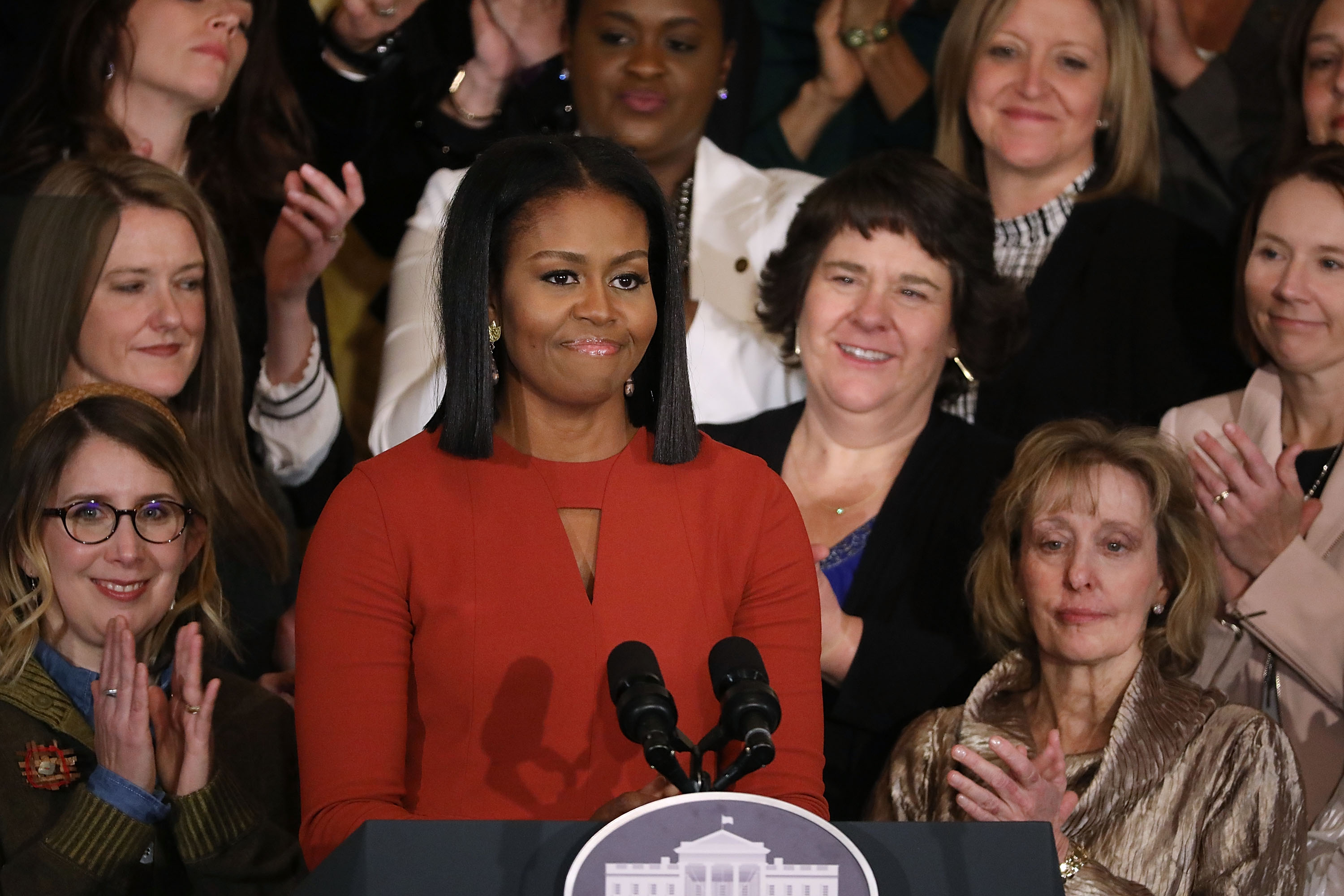 U.S. first lady Michelle Obama delivers remarks during a ceremony honoring the 2017 School Counselor of the Year in the East Room of the White House January 6, 2017 in Washington, DC. These were the last public remarks by the first lady during her husband Barack Obama's presidency. (Chip Somodevilla—Getty Images)