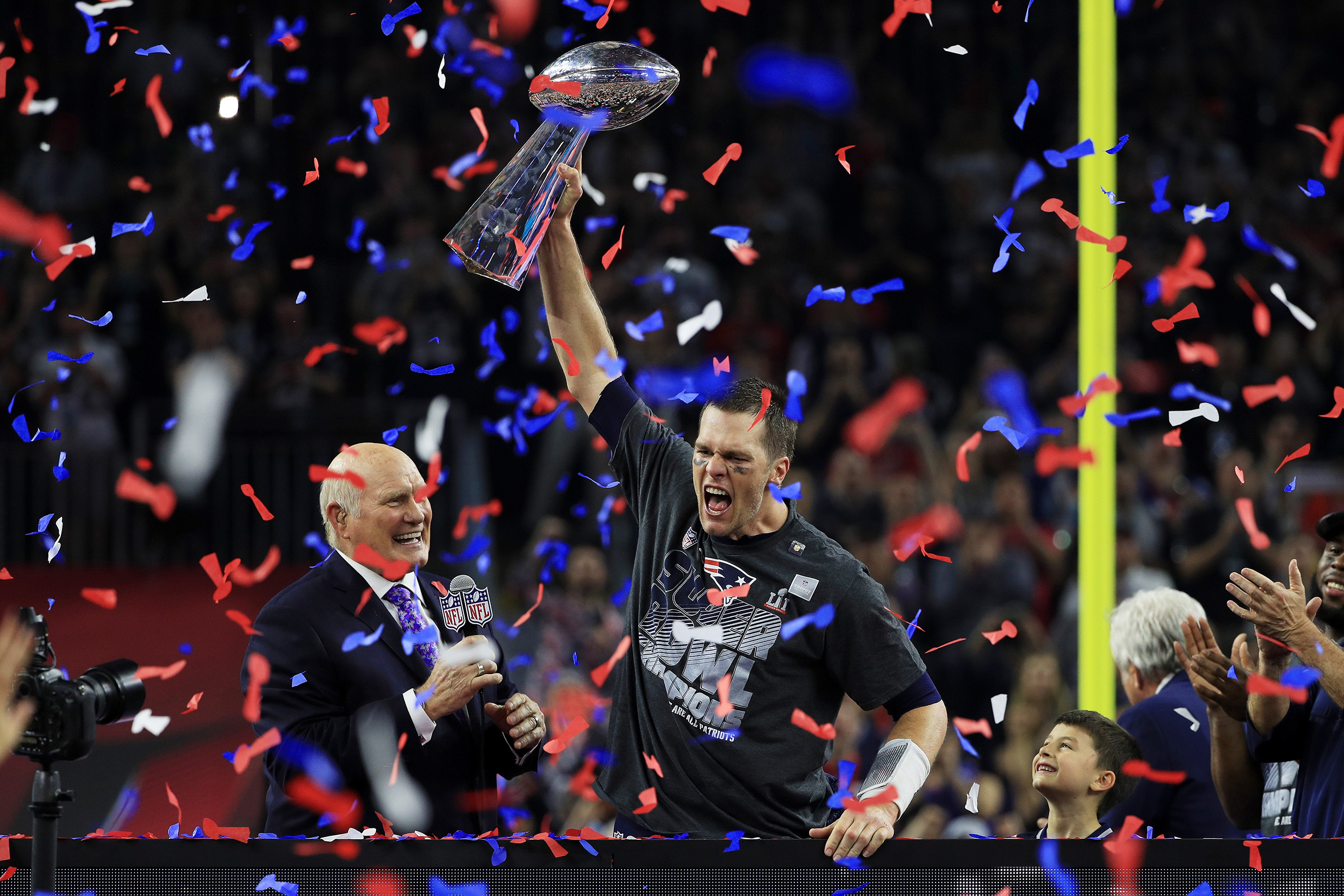 Tom Brady #12 of the New England Patriots holds the Vince Lombardi Trophy after defeating the Atlanta Falcons 34-28 during Super Bowl 51 at NRG Stadium on Feb. 5, 2017 in Houston, Texas. (Mike Ehrmann—Getty Images)