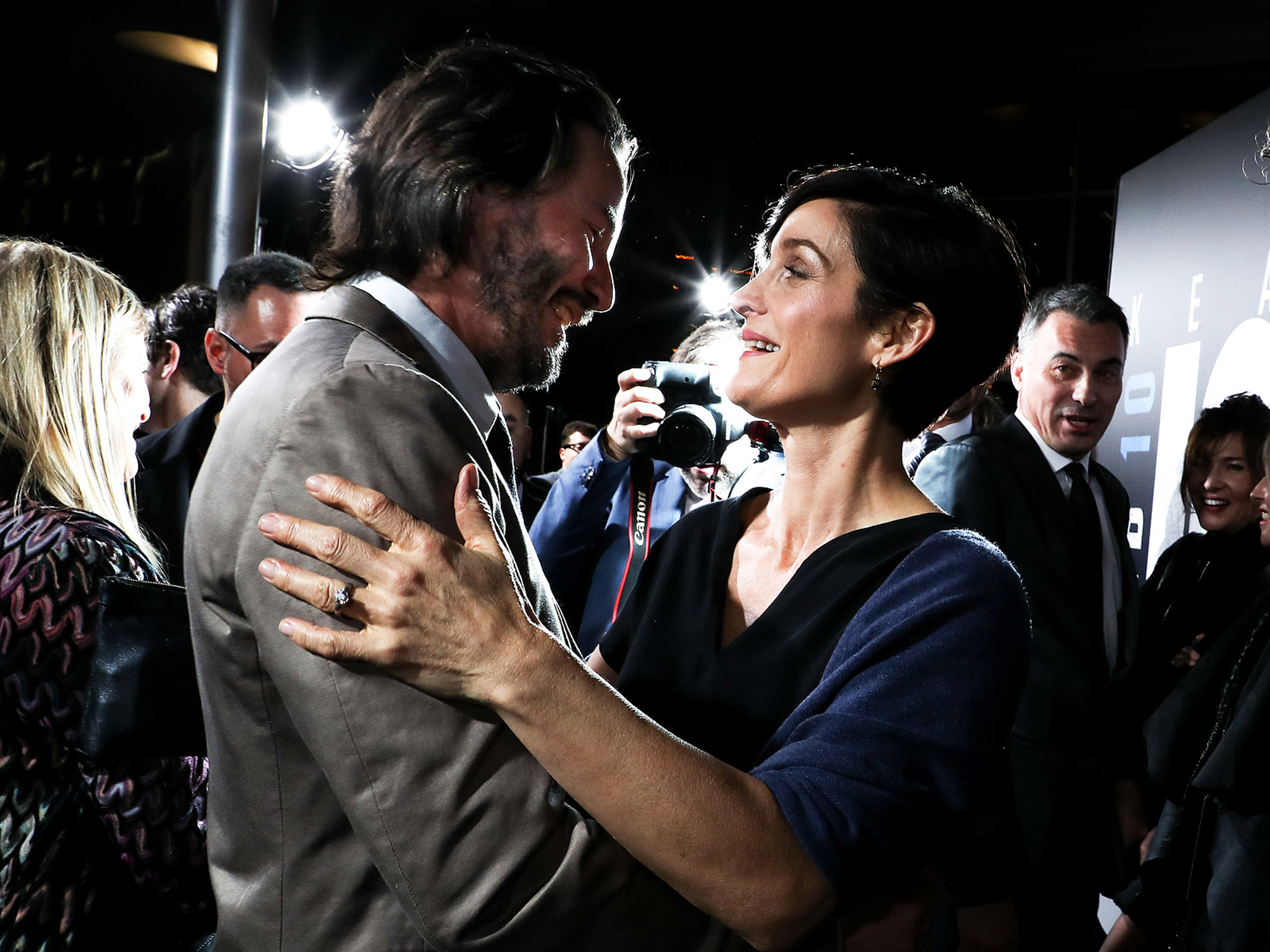 Keanu Reeves and Carrie-Anne Moss at the John Wick: Chapter 2 film premiere in Los Angeles, on Jan. 30. 2017.