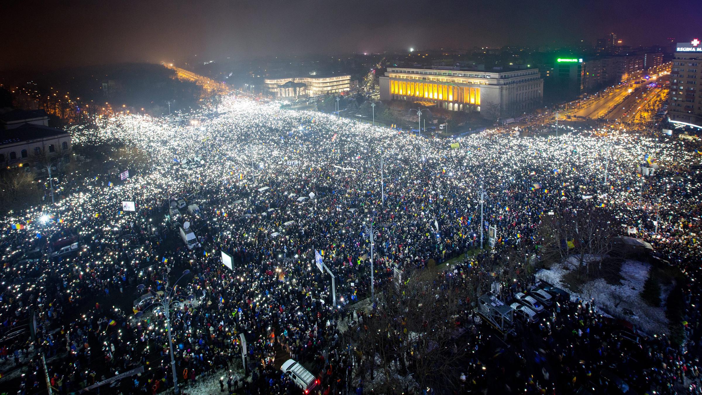 A general view of the massive protest at Victory Square in Bucharest on Feb. 5, 2017.