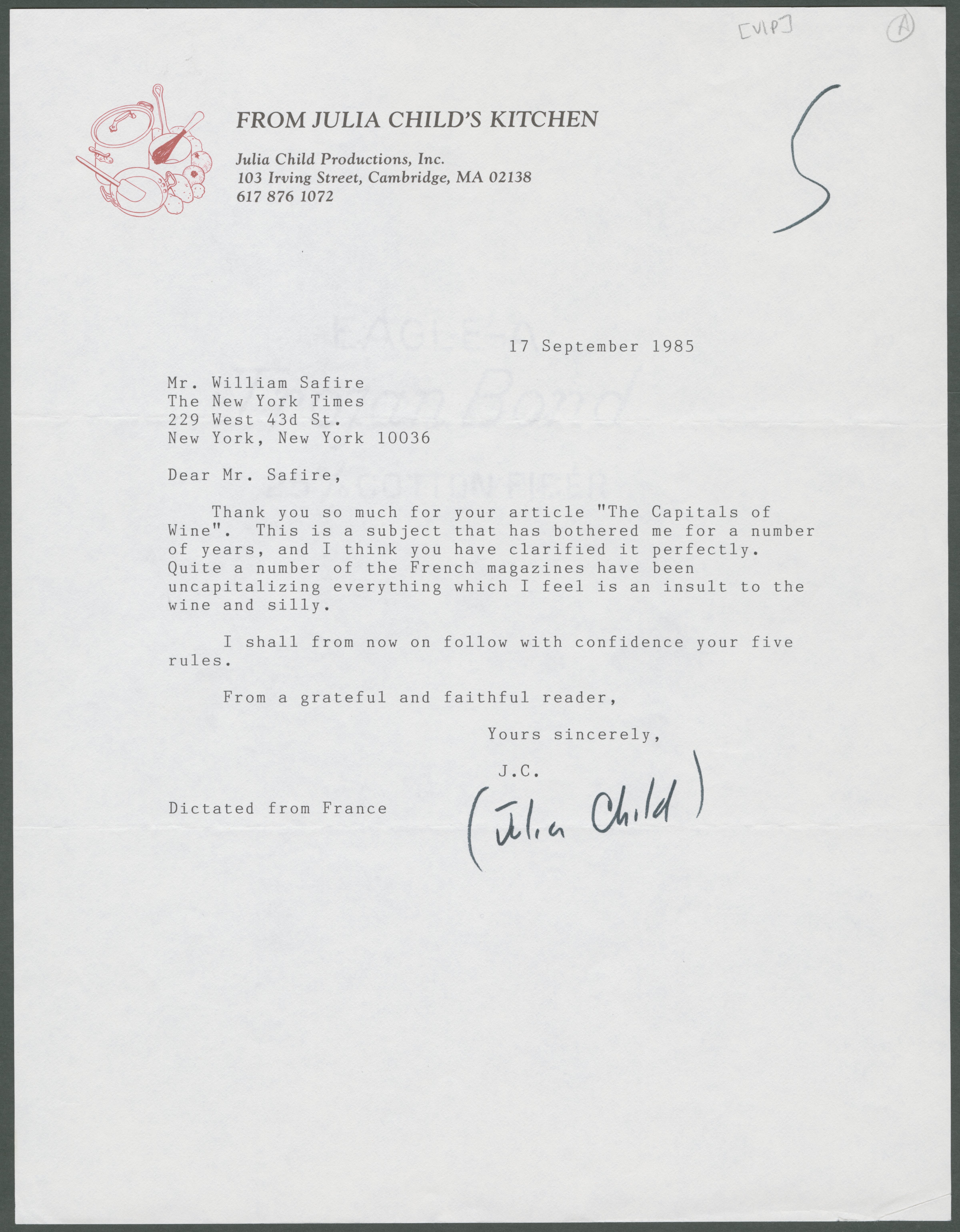 A letter from Julia Child to William Safire (William Safire Papers, Special Collections Research Center, Syracuse University Libraries)