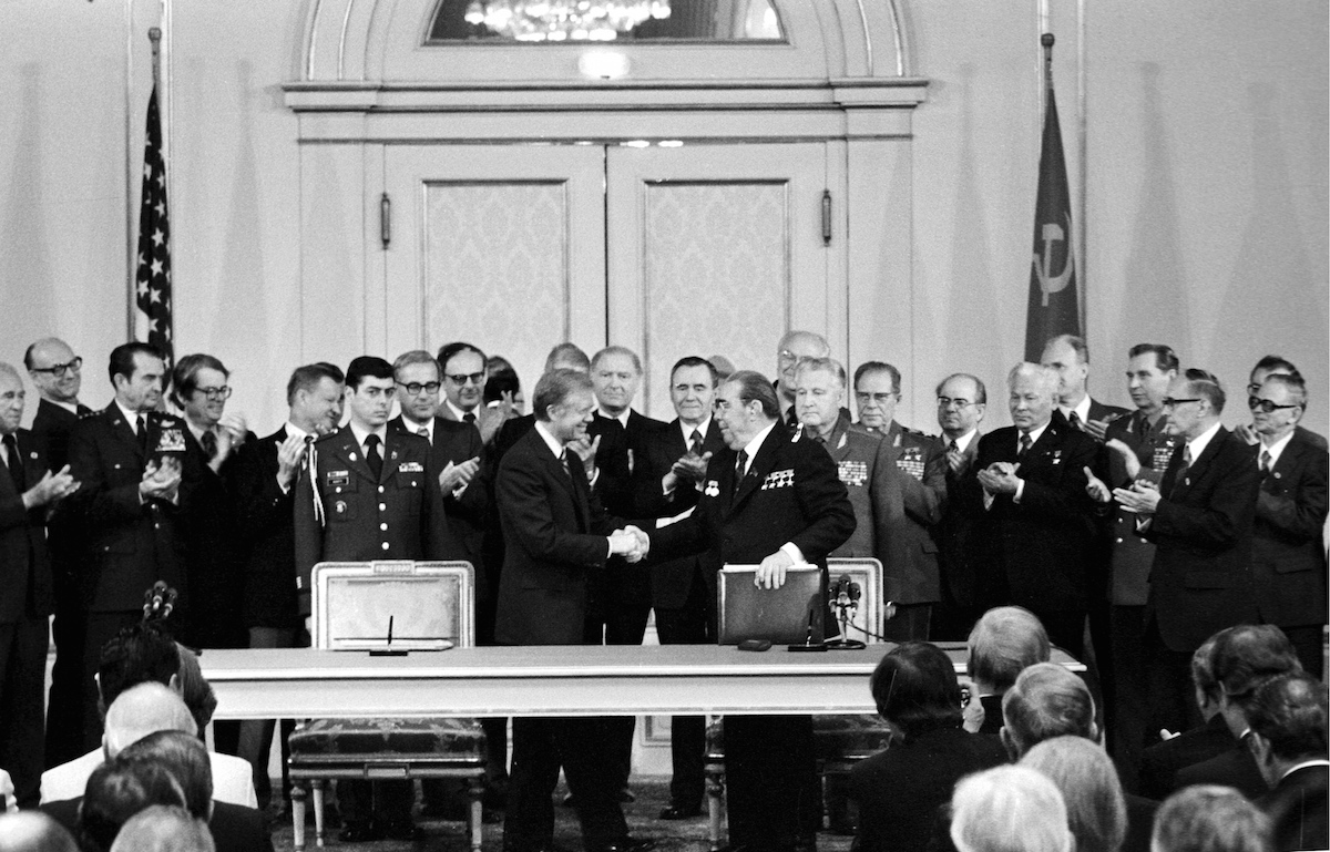 Salt II agreement In Vienna in June, 1979 - Jimmy Carter and Leonid Brezhnev handshake. (Daniel Simon—Gamma-Rapho via Getty Images)