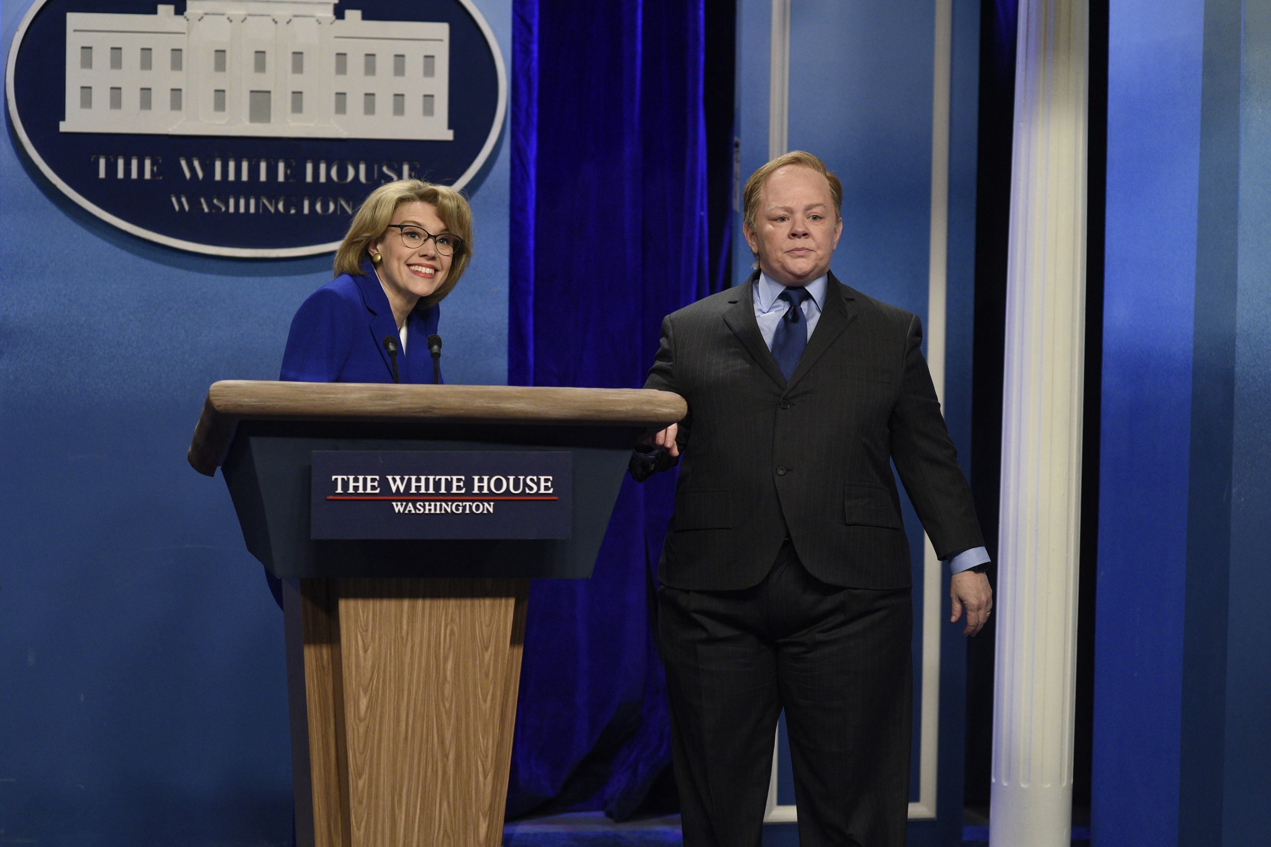 Kate McKinnon as Betsy DeVos, and Melissa McCarthy as Press Secretary Sean Spicer during the "Sean Spicer Press Conference" sketch on Feb. 4, 2017. (Will Heath—NBC/Getty Images)