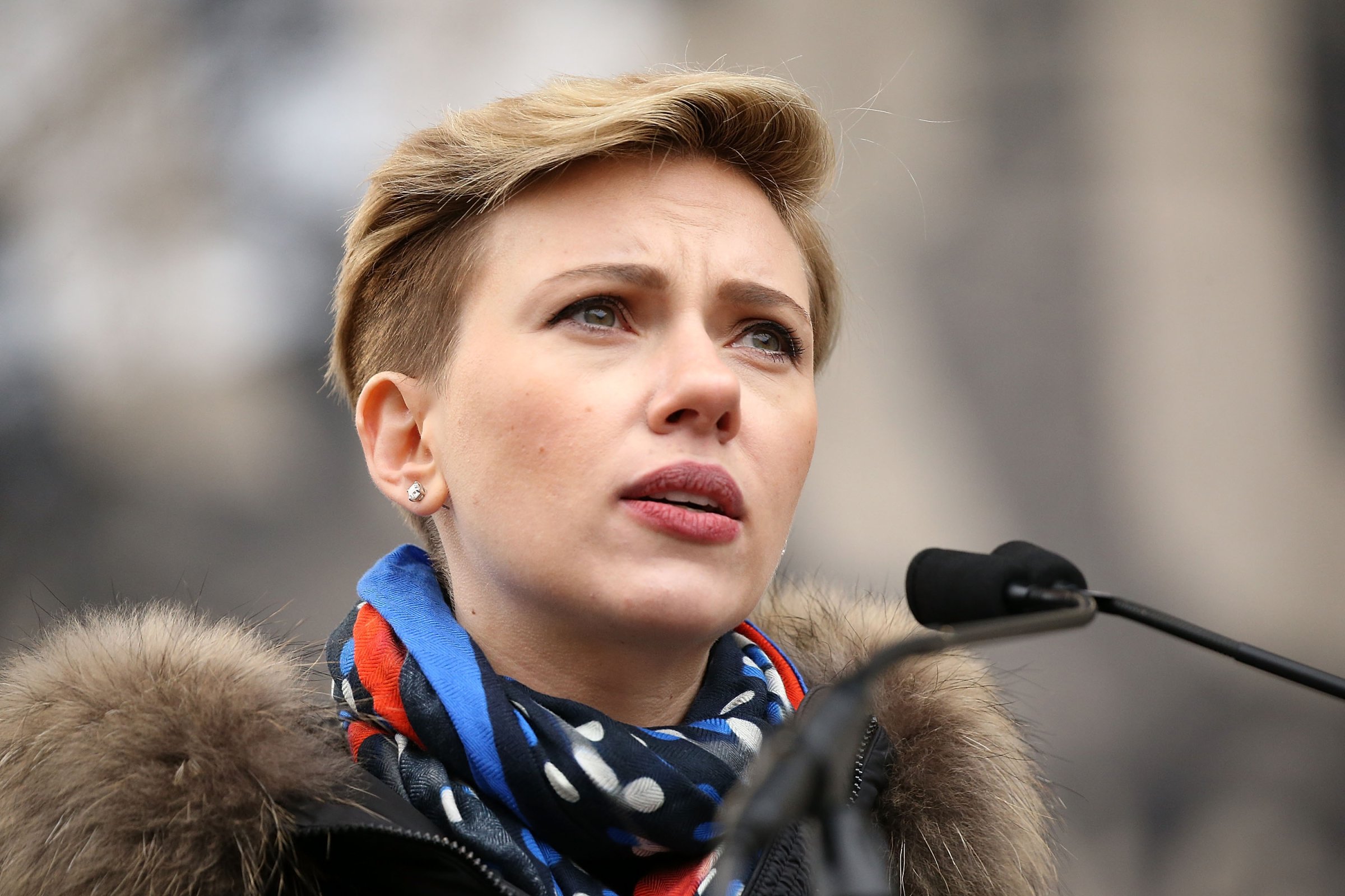 Scarlett Johansson speaks onstage during the rally at the Women's March on Washington on January 21, 2017 in Washington, DC.