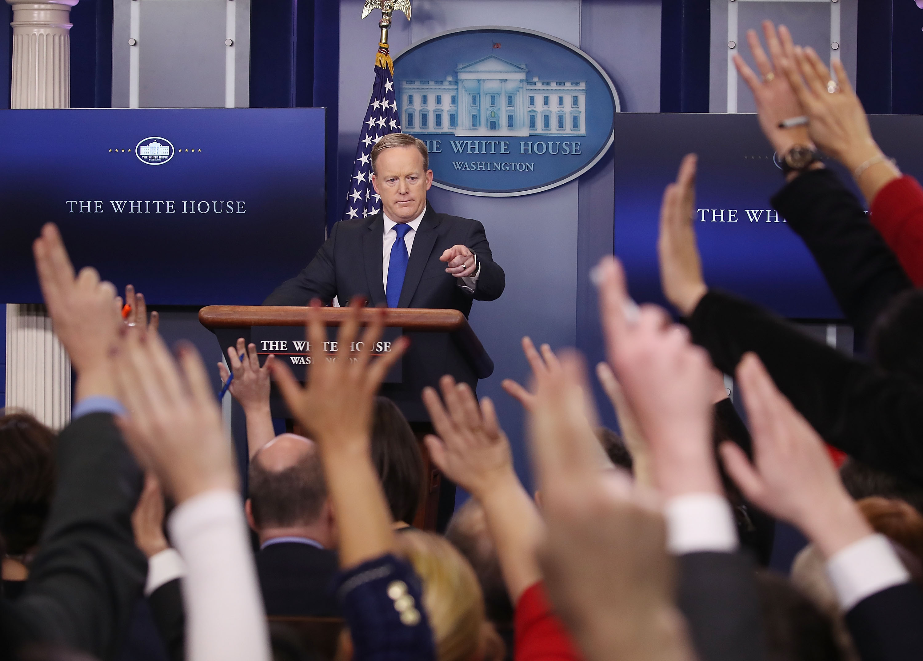 White House Press Secretary Sean Spicer takes questions from reporters in the Brady Press Briefing Room at the White House on Feb. 1, 2017. (Mark Wilson—Getty Images)