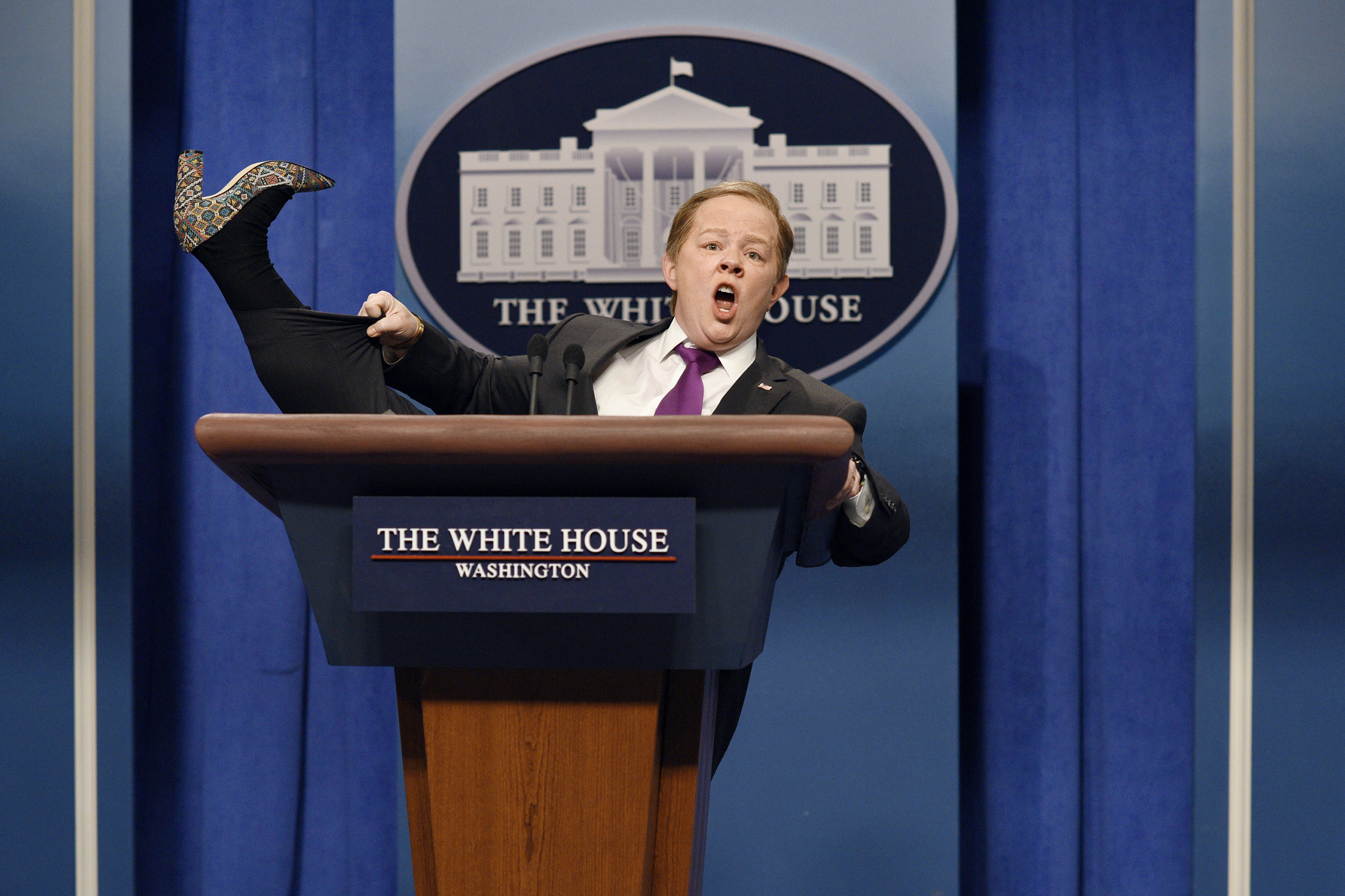 McCarthy’s Spicer, an irate pitchman, praised his Ivanka Trump–brand heels to SNL viewers. (Will Heath—NBC)