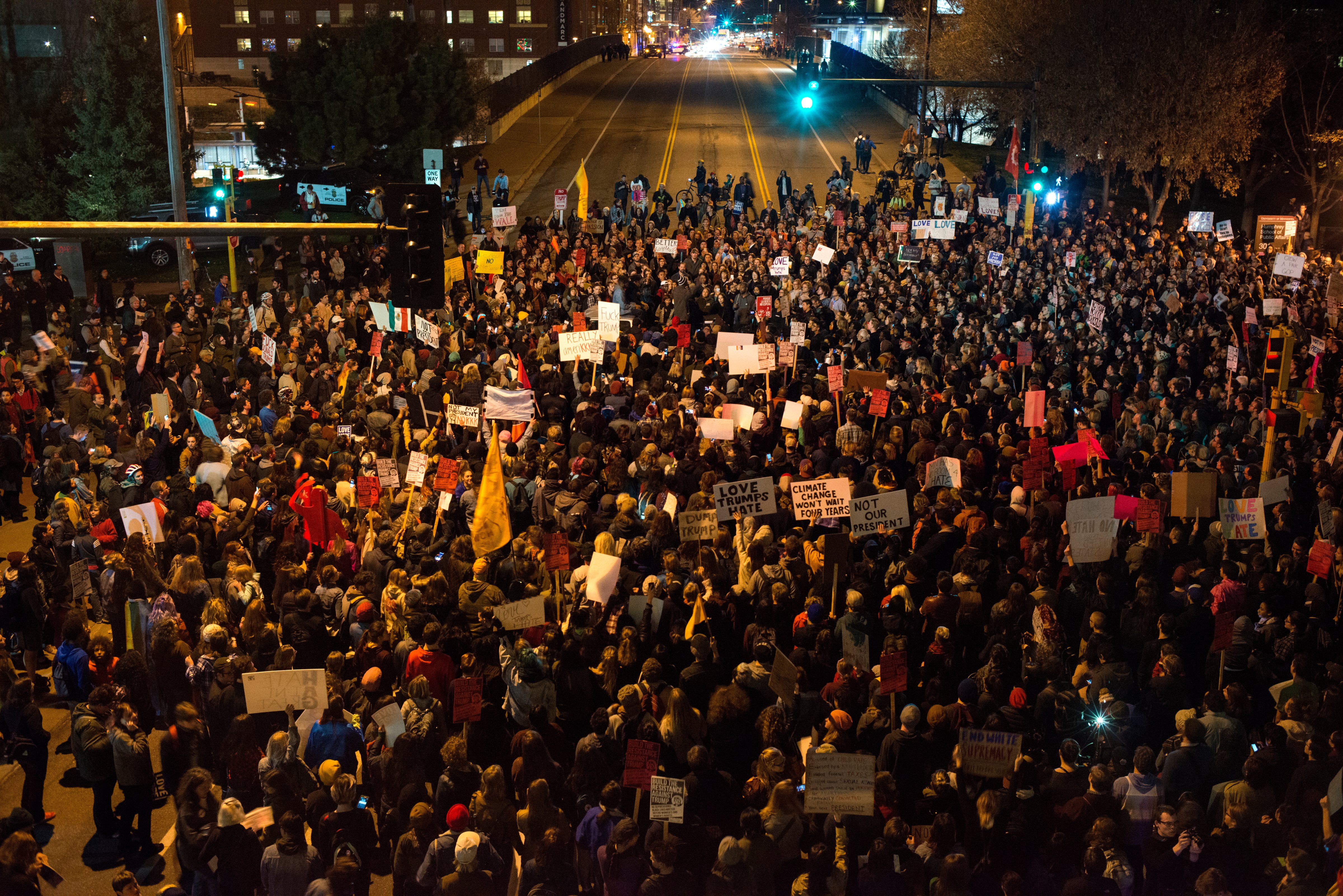 Protesters of President Donald Trump gather in an intersection outside the Humphrey School of Affairs on the campus of the University of Minnesota on Nov. 10, 2016 in Minneapolis, Minnesota. (Stephen Maturen—Getty Images)