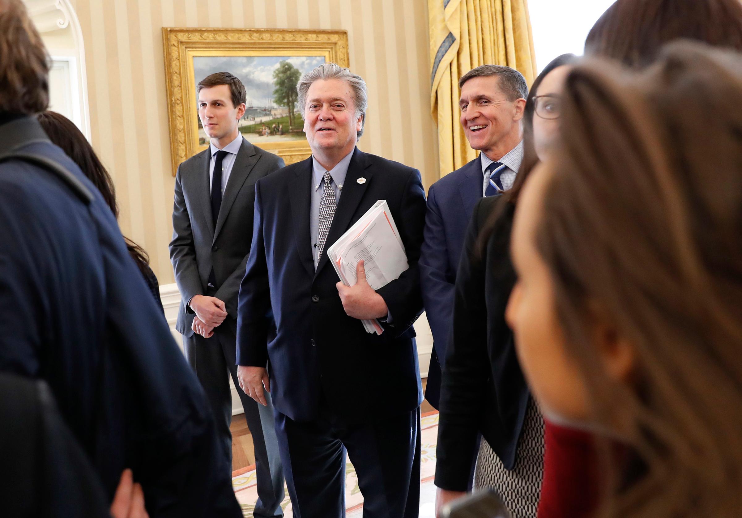 White House senior advisers Jared Kushner, Steve Bannon and national security adviser Michael Flynn in the Oval Office, during a meeting between President Trump and British Prime Minister Theresa May, Jan. 27, 2017.