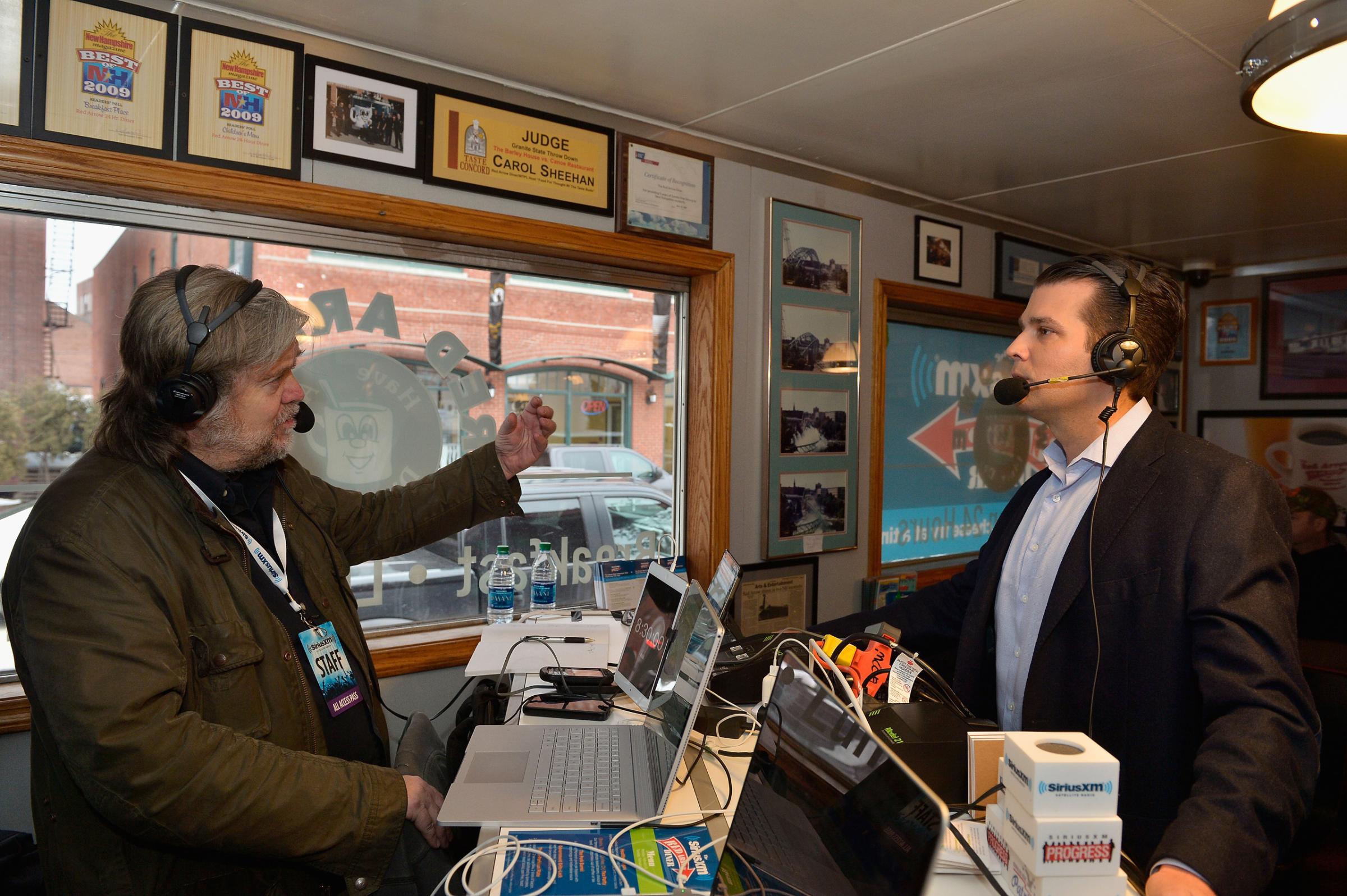 Breitbart News Daily's Steve Bannon interviews Donald Trump, Jr. for SiriusXM Broadcasts' New Hampshire Primary Coverage, live from the iconic Red Arrow Diner in Manchester, N.H., Feb. 8, 2016.
