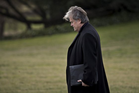 Steve Bannon, chief strategist for U.S. President Donald Trump, walks towards Marine One after Trump, not pictured, boarded on the South Lawn of the White House in Washington, D.C., Jan. 27, 2017.