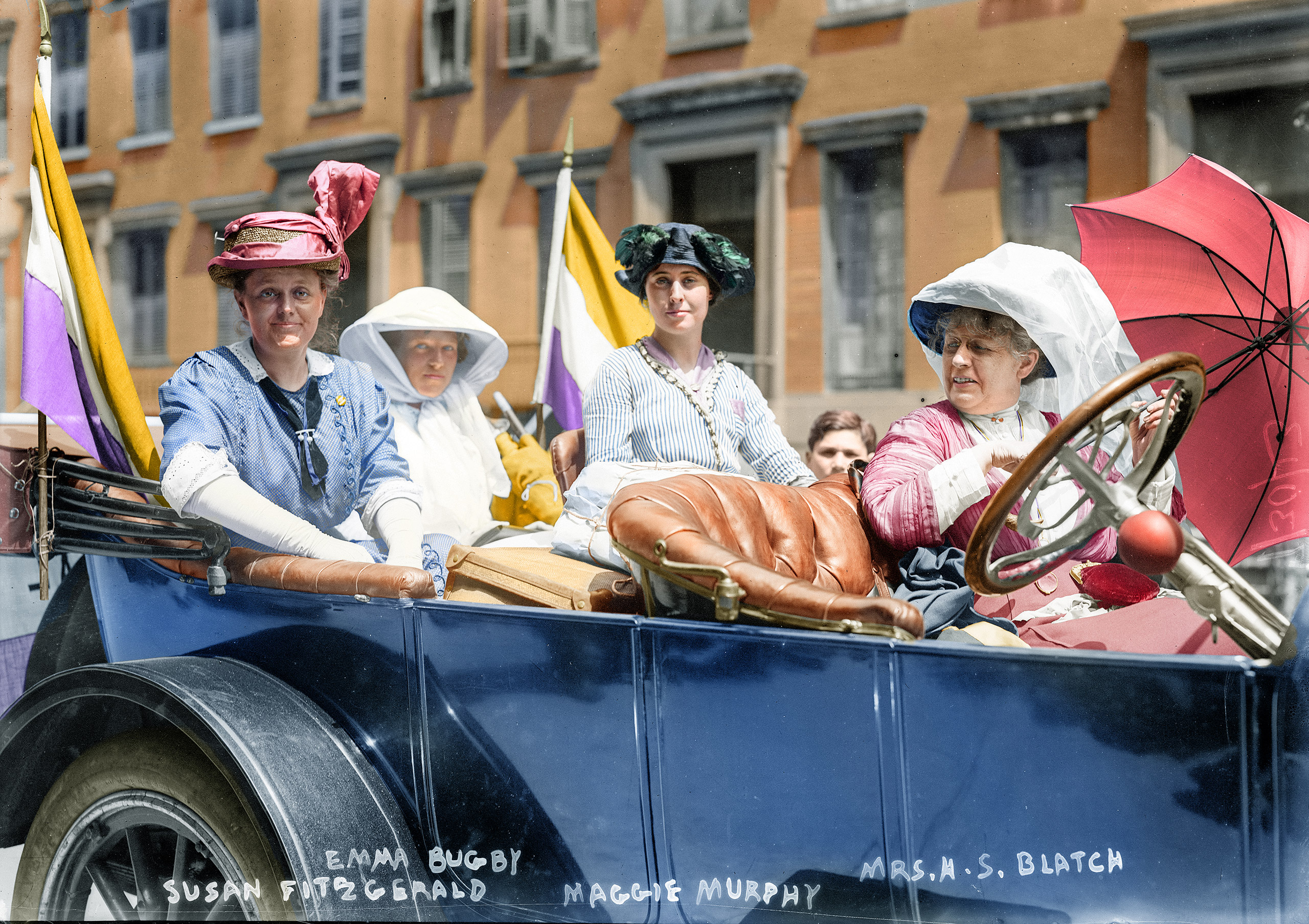 Suffragists Susan Walker Fitzgerald, Emma Bugbee, Maggie Murphy and Harriot Stanton Blatch at a women's suffrage parade in New York City, July 30, 1913.