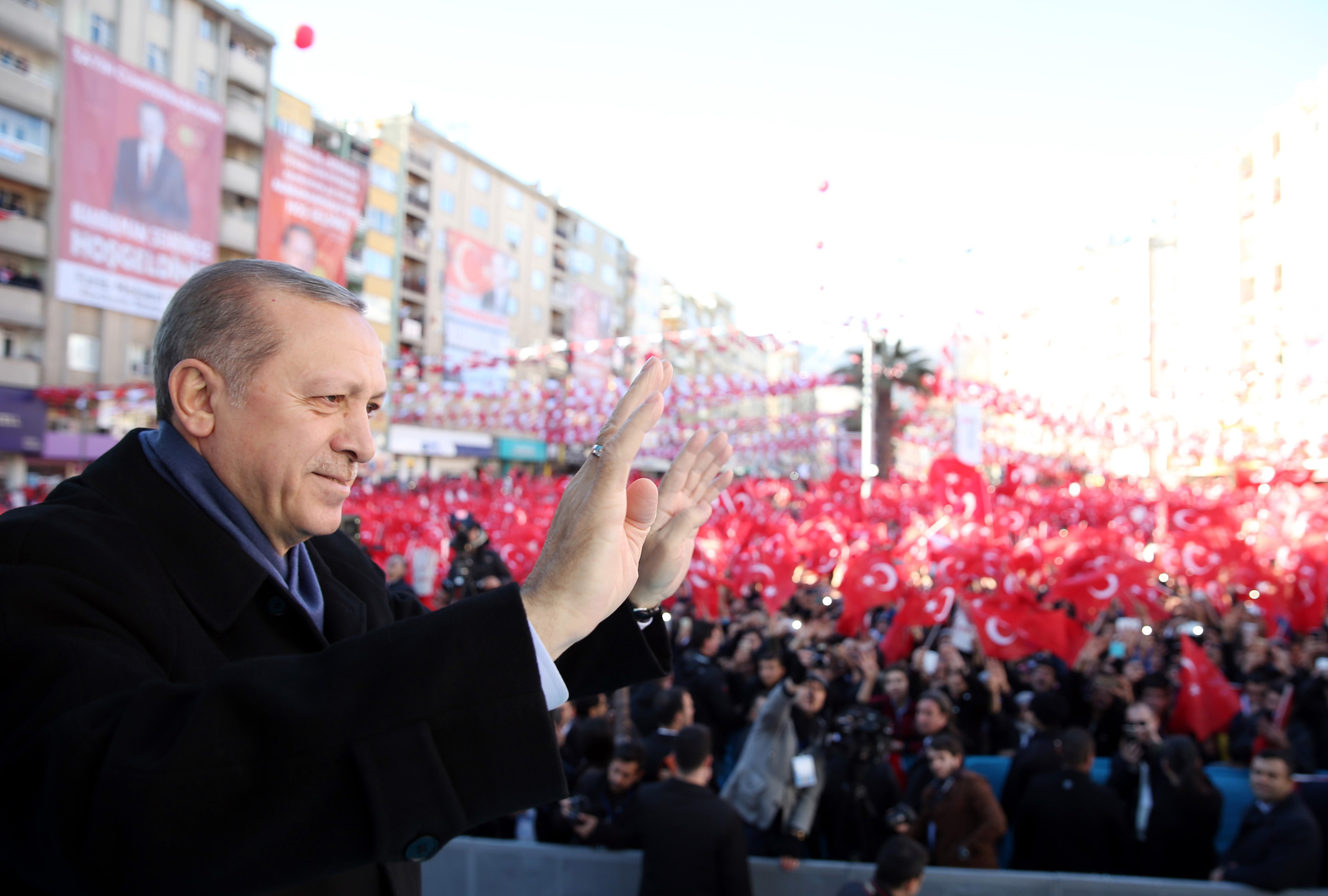 Turkish President Recep Tayyip Erdogan during an opening ceremony at Muftuluk Square in Kahramanmaras, Turkey, on Feb. 17, 2017. (Yasin Bulbul—Anadolu Agency/Getty Images)