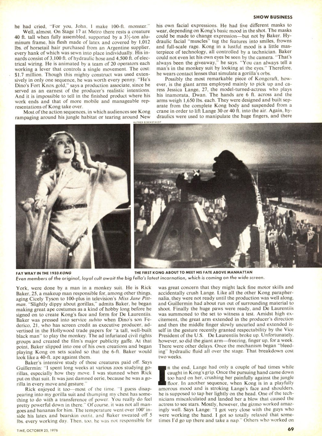 Page from the Oct. 25, 1976 feature story about King Kong, Photos by Alfred Eisensteadt from 1952.