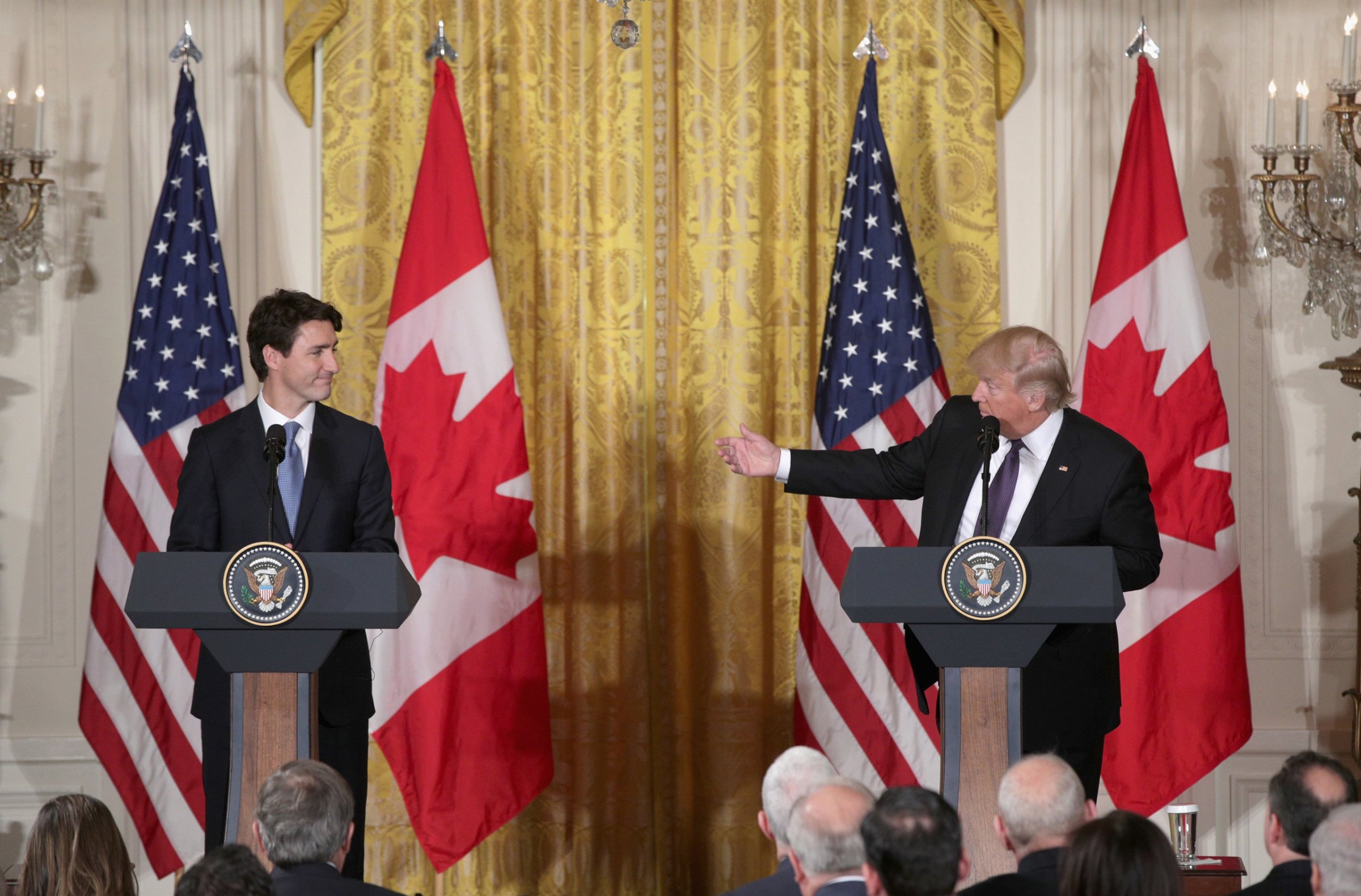 WASHINGTON, DC - FEBRUARY 13: U.S. President Donald Trump (R) and Canadian Prime Minister Justin Trudeau participate in a joint news conference in the East Room of the White House on February 13, 2017 in Washington, DC. The two leaders participated in a roundtable discussion on the advancement of women entrepreneurs and business leaders. (Photo by Alex Wong/Getty Images)