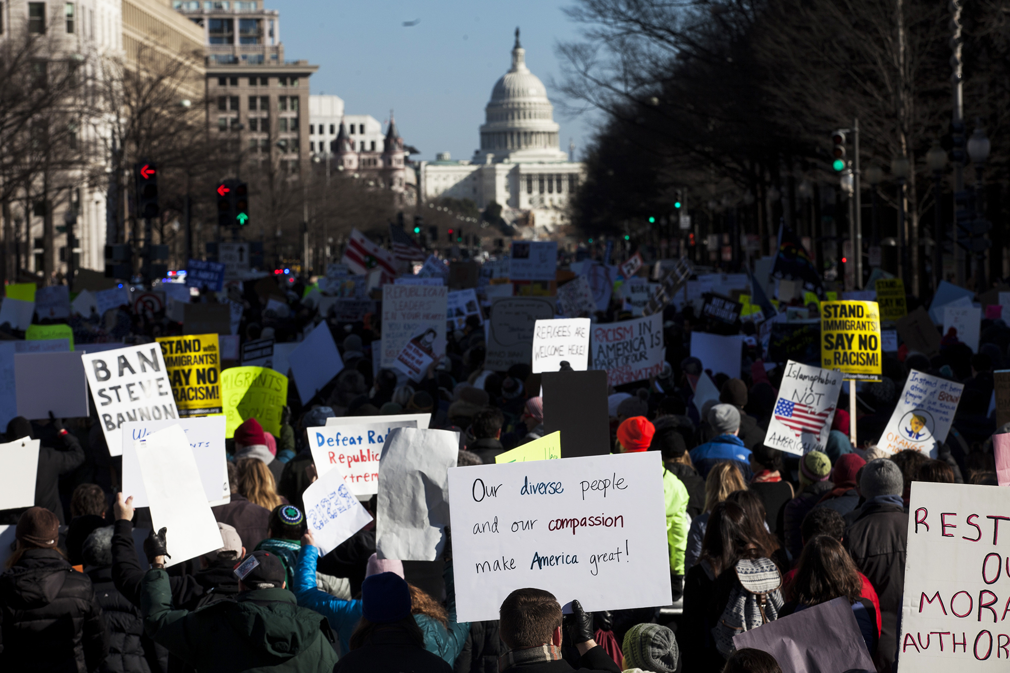 Demonstrators march from the White House to the Capitol Building, on Feb. 4, 2017 in Washington, D.C. (Zach Gibson—Getty Images)