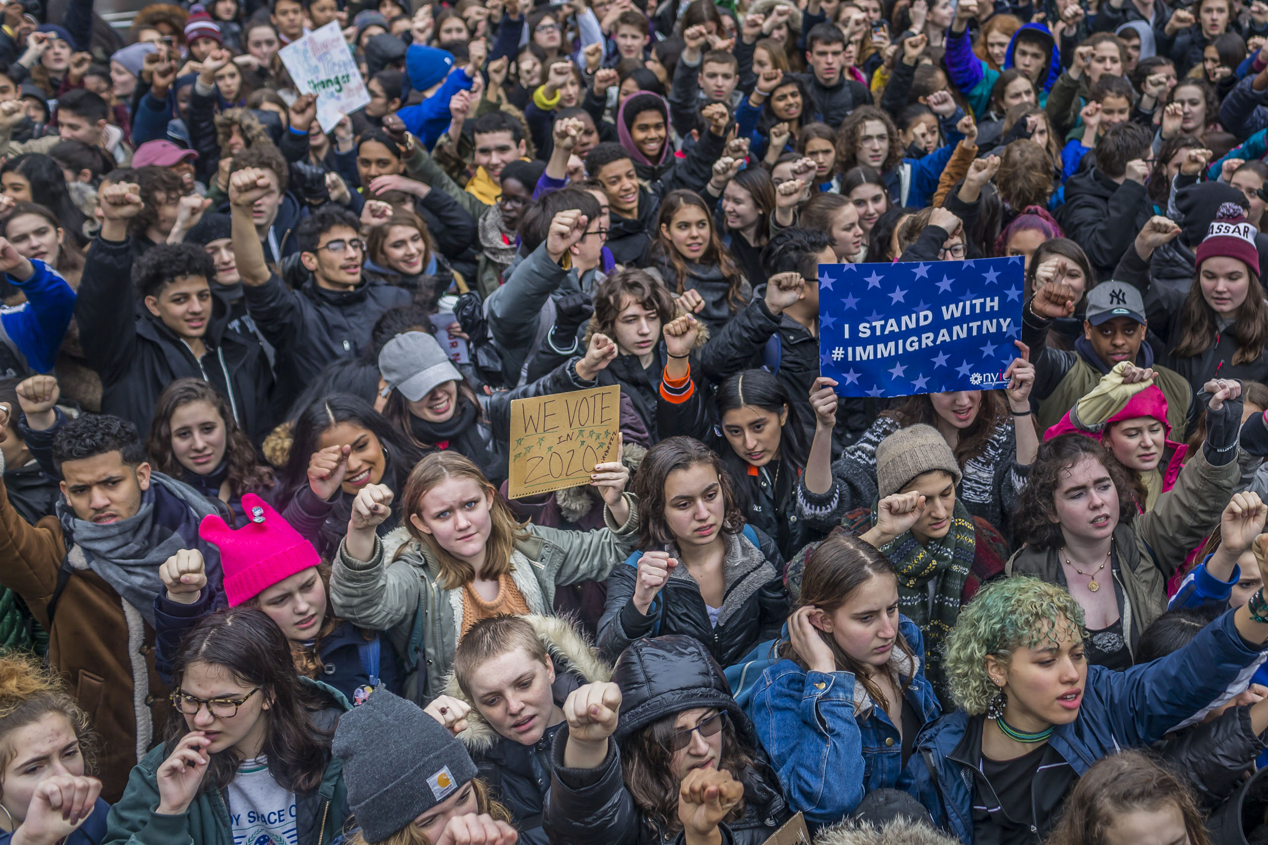 Hundreds of public school students from all over New York City, staged a noon-walkout and rallied against the presidency and policies of Donald Trump, on Feb. 7, 2017.