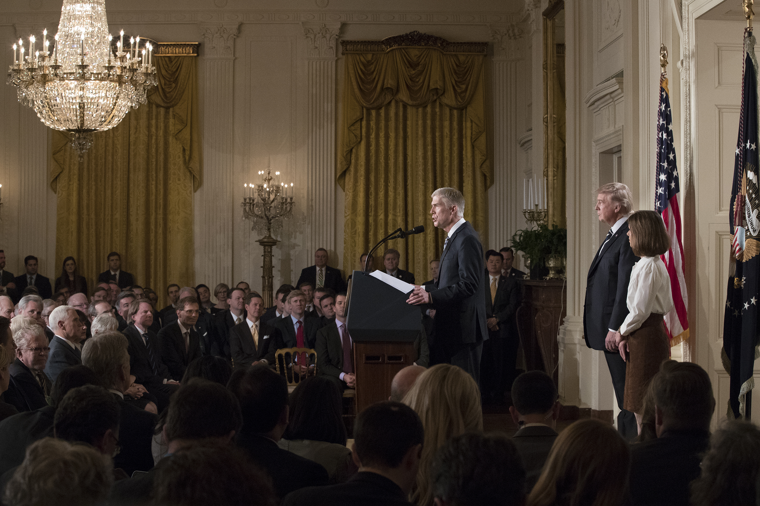 Neil Gorsuch delivers remarks after US President Donald Trump  announced him as his nominee for the Supreme Court in the East Room of the White House, on Jan. 31, 2017.