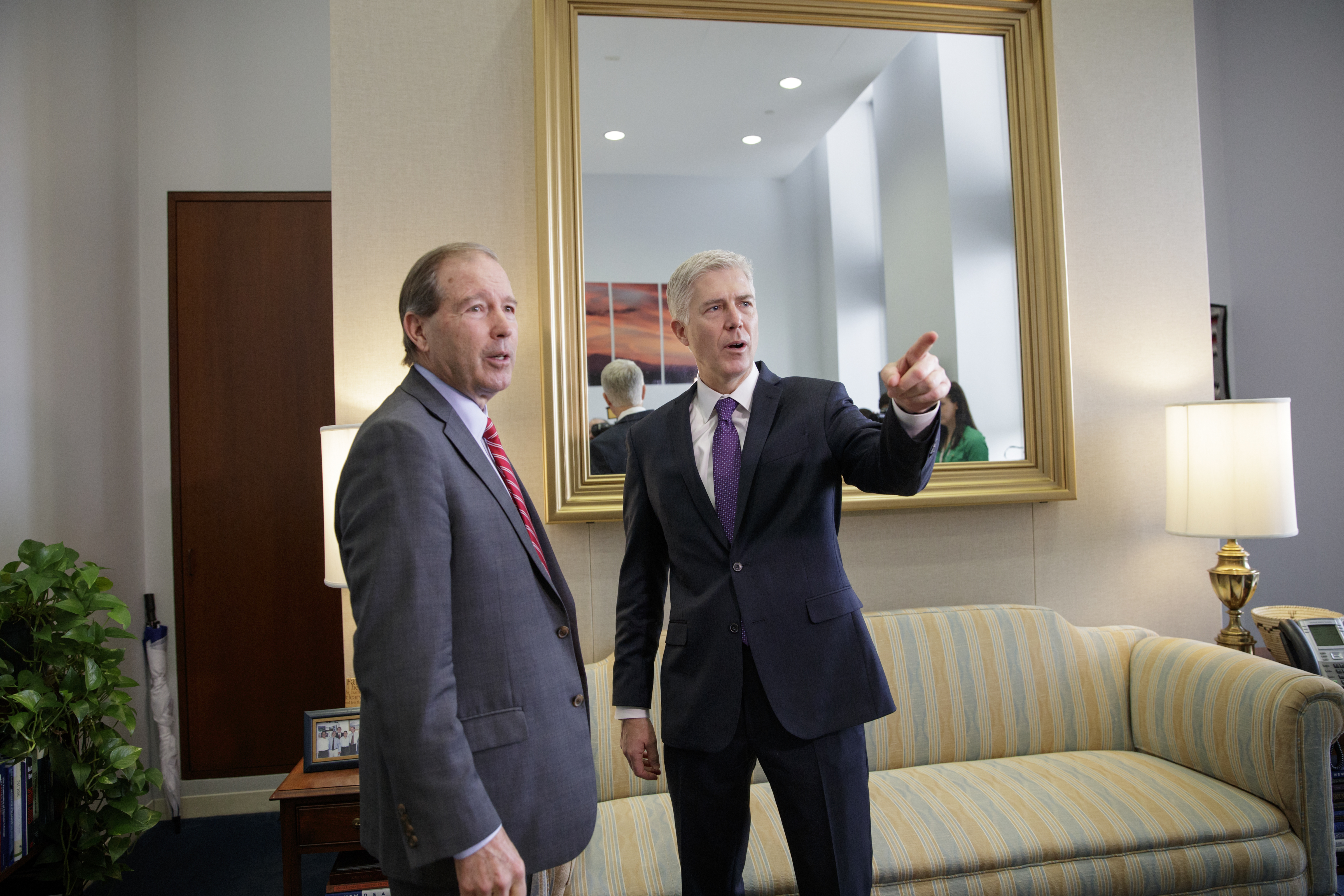 Supreme Court Justice nominee Judge Neil Gorsuch, right, meets with Sen. Tom Udall, D-N.M. on Capitol Hill in Washington, Feb. 27, 2017.