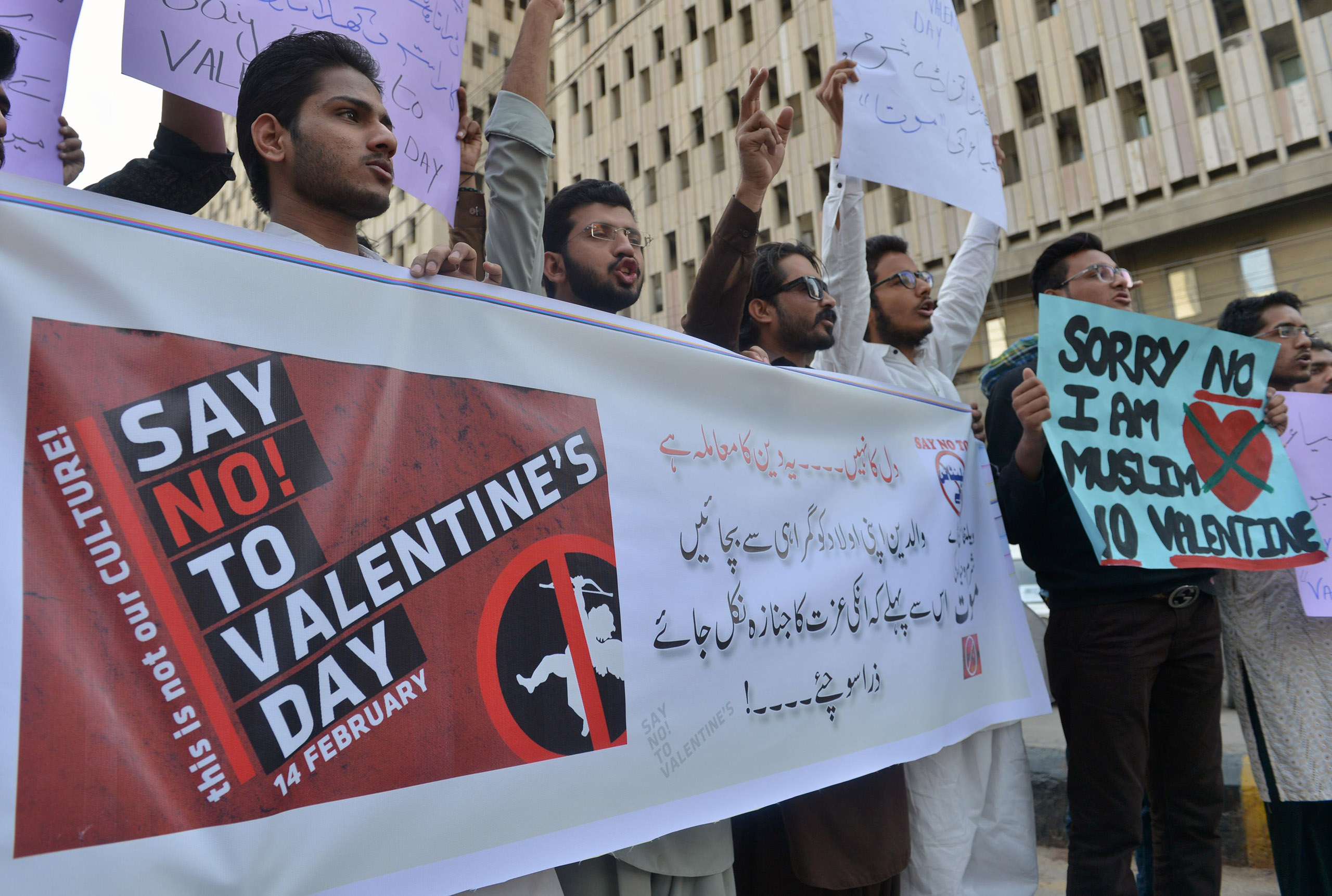 Pakistani men protest against Valentine's Day celebrations in Karachi on Feb. 12, 2017. (Rizwan Tabassum—AFP/Getty Images)