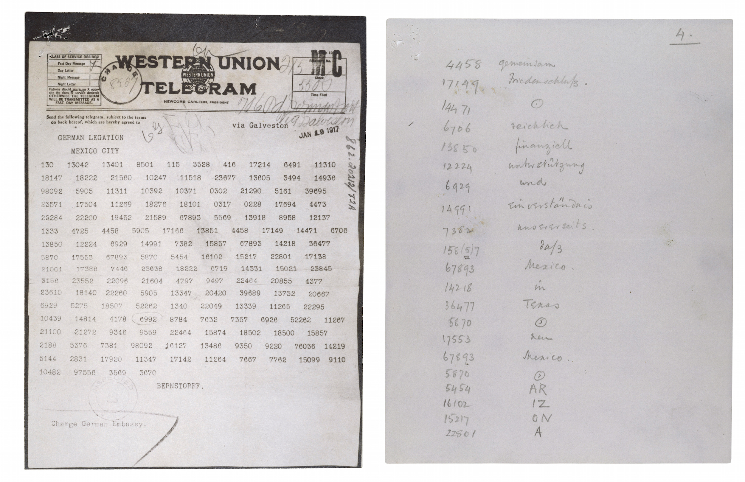 Zimmermann Telegram Decimal File, left, and decoded Zimmermann Telegram, 1917. (National Archives and Records Administration)