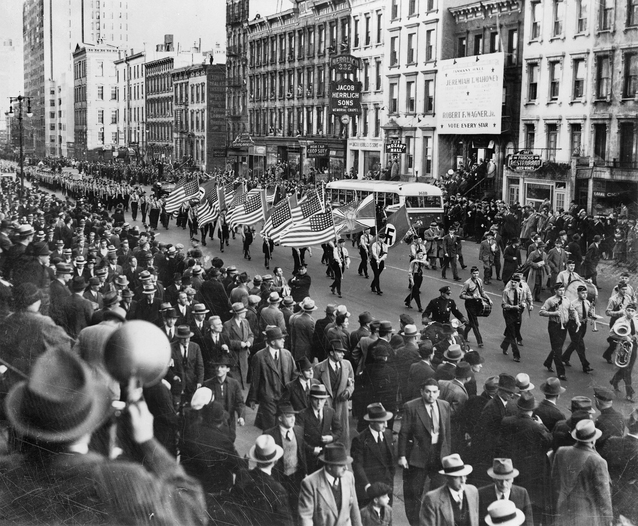 American Nazis parade on East 86th St. in New York City around 1939. (Universal History Archive/UIG/Getty Images)