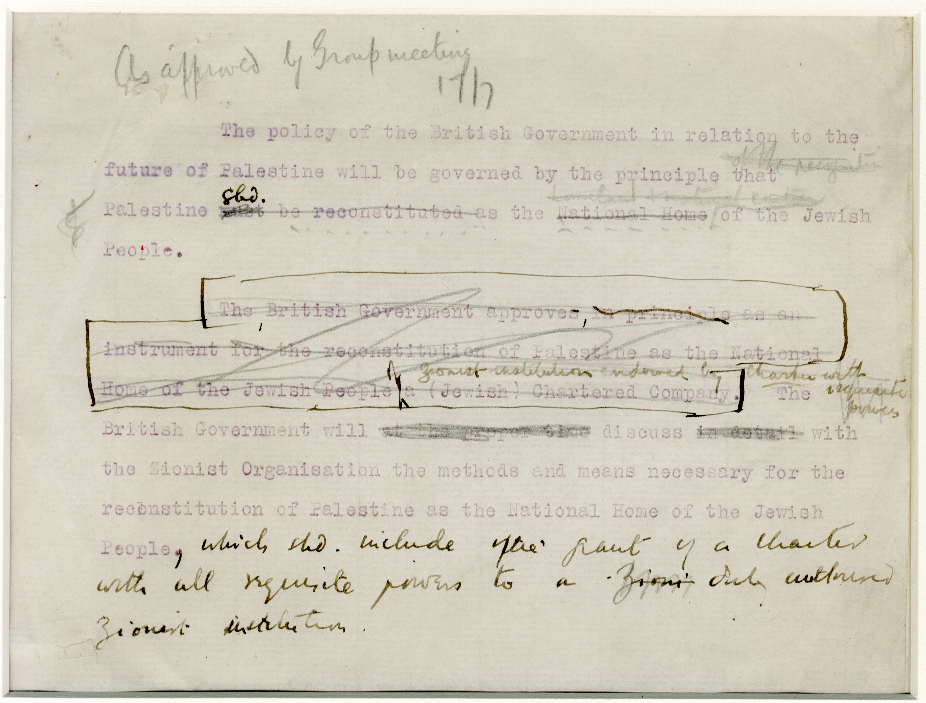 Draft of The Balfour Declaration with handwritten notes, 1917 (Courtesy Martin Franklin / National Museum of American Jewish History)